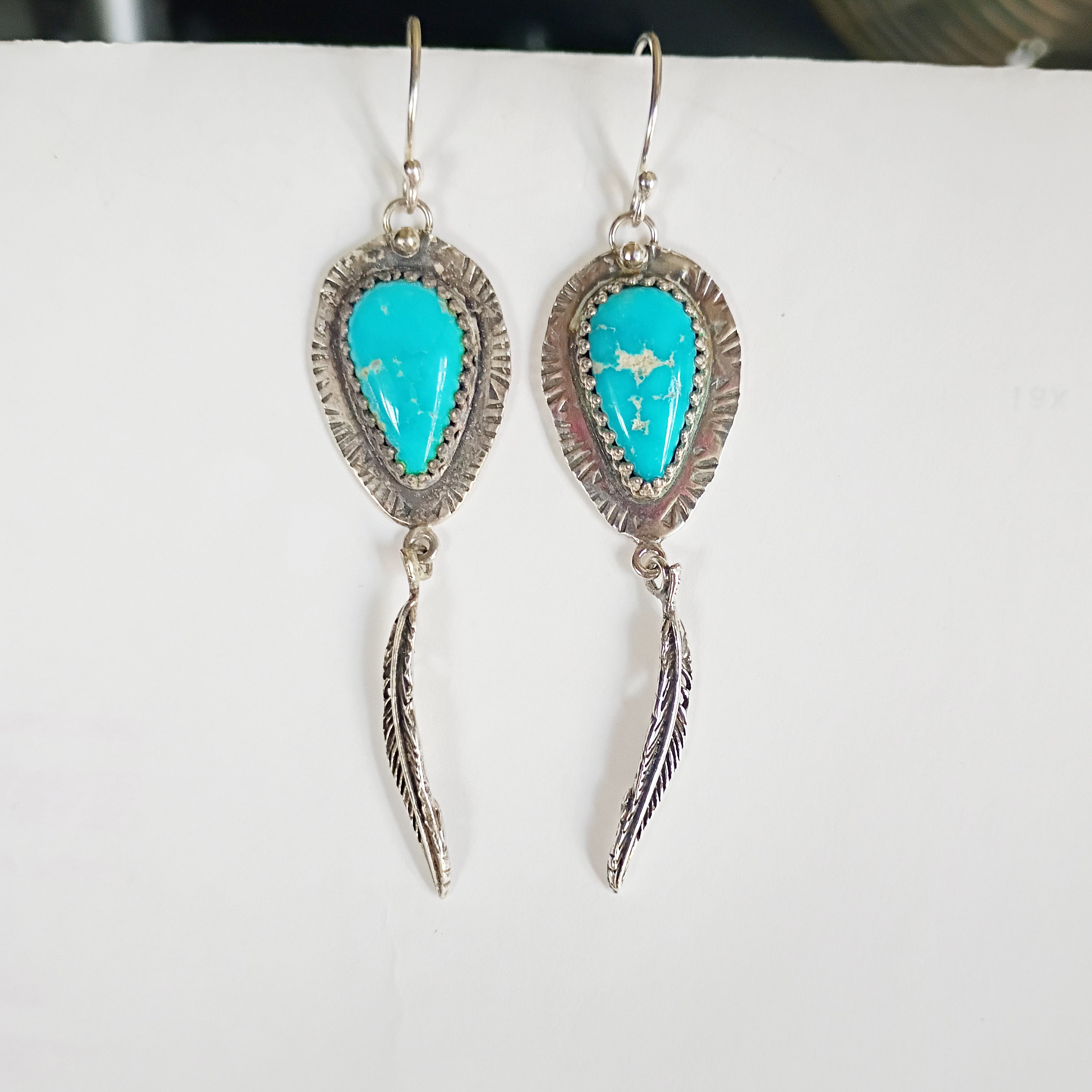 \Blue Ridge Orvil Jack Turquoise Feather Dangle Earrings Sterling Southwestern