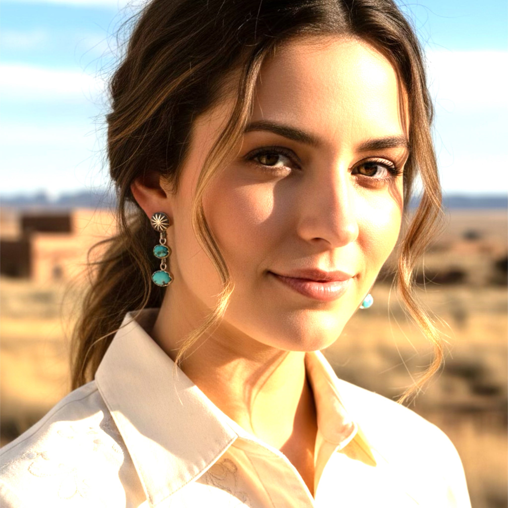 Vintage Godber Mine Turquoise Earrings Sterling Silver 2 Stone