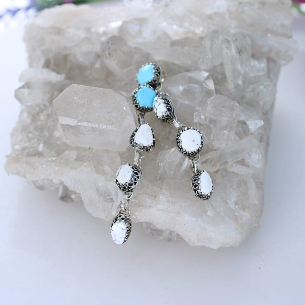 AAA Nevada LONE MOUNTAIN White Buffalo TURQUOISE Earrings 4 Stone Sterling