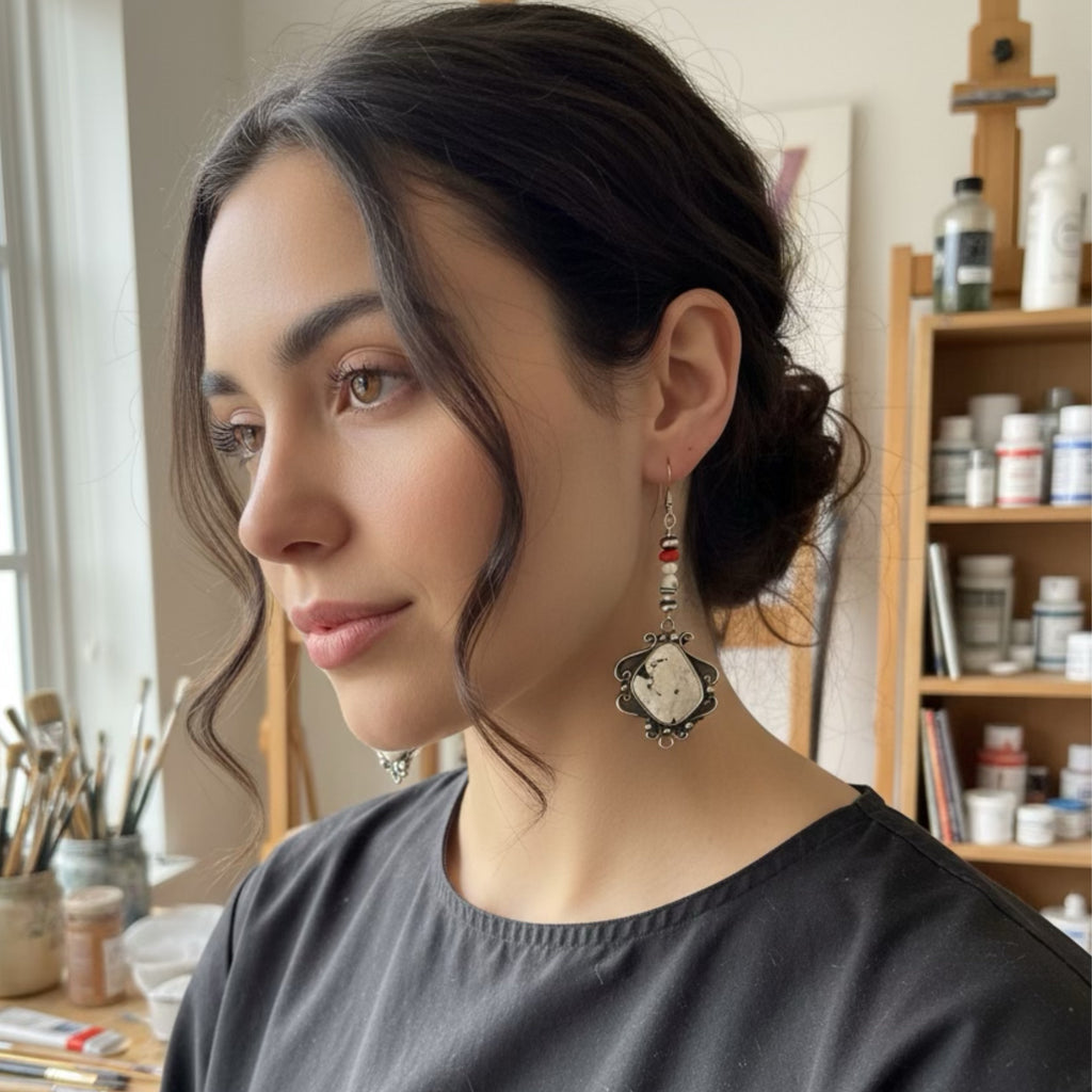 Rare White Buffalo Turquoise Earrings Sterling Scroll Design with Coral