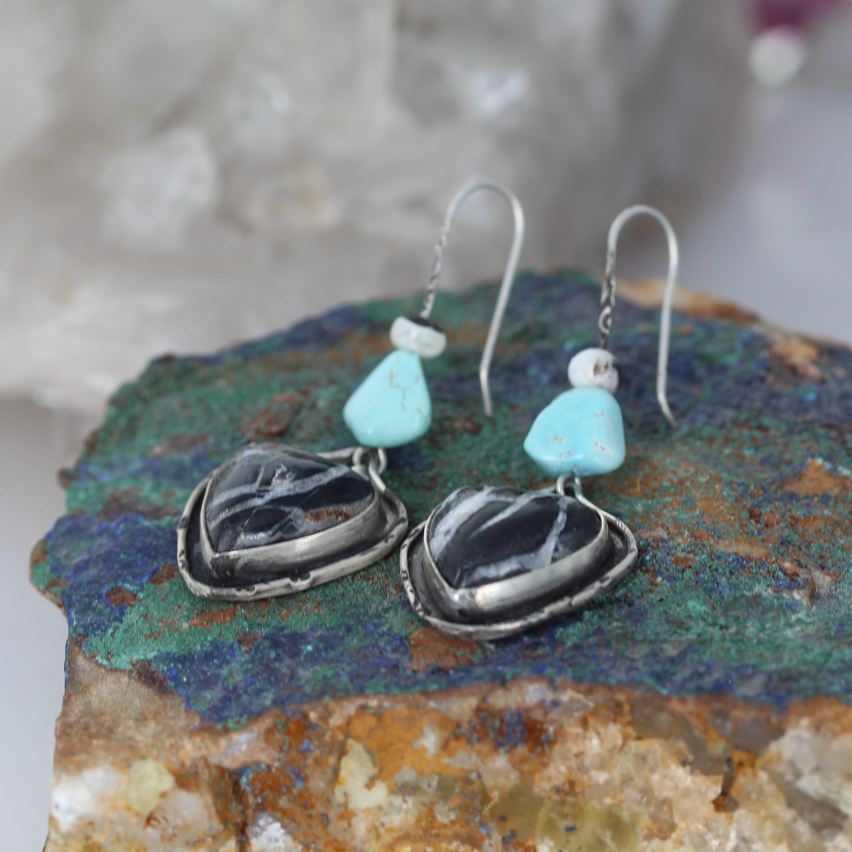 Hearts Lone Mountain and White Buffalo Turquoise Earrings Sterling