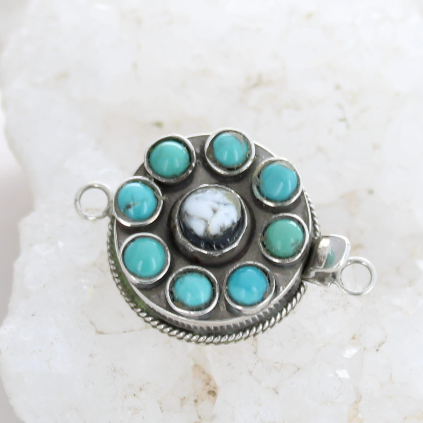 Blue Sonoran Mixed Turquoise Clasp Sterling Silver 7 Stone Round