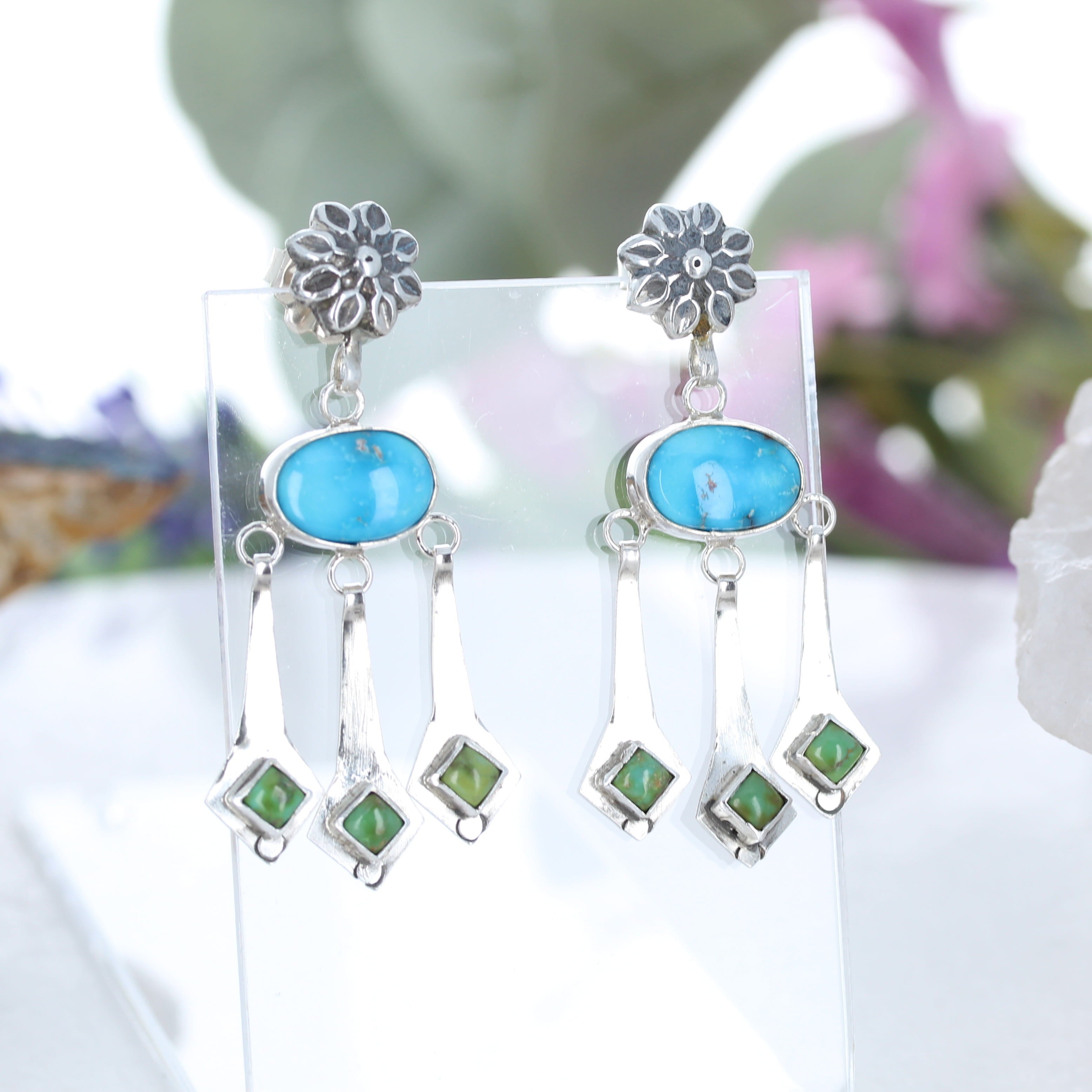 Blue Bird and Sonoran Gold Turquoise Boho Dangle Earrings Sterling