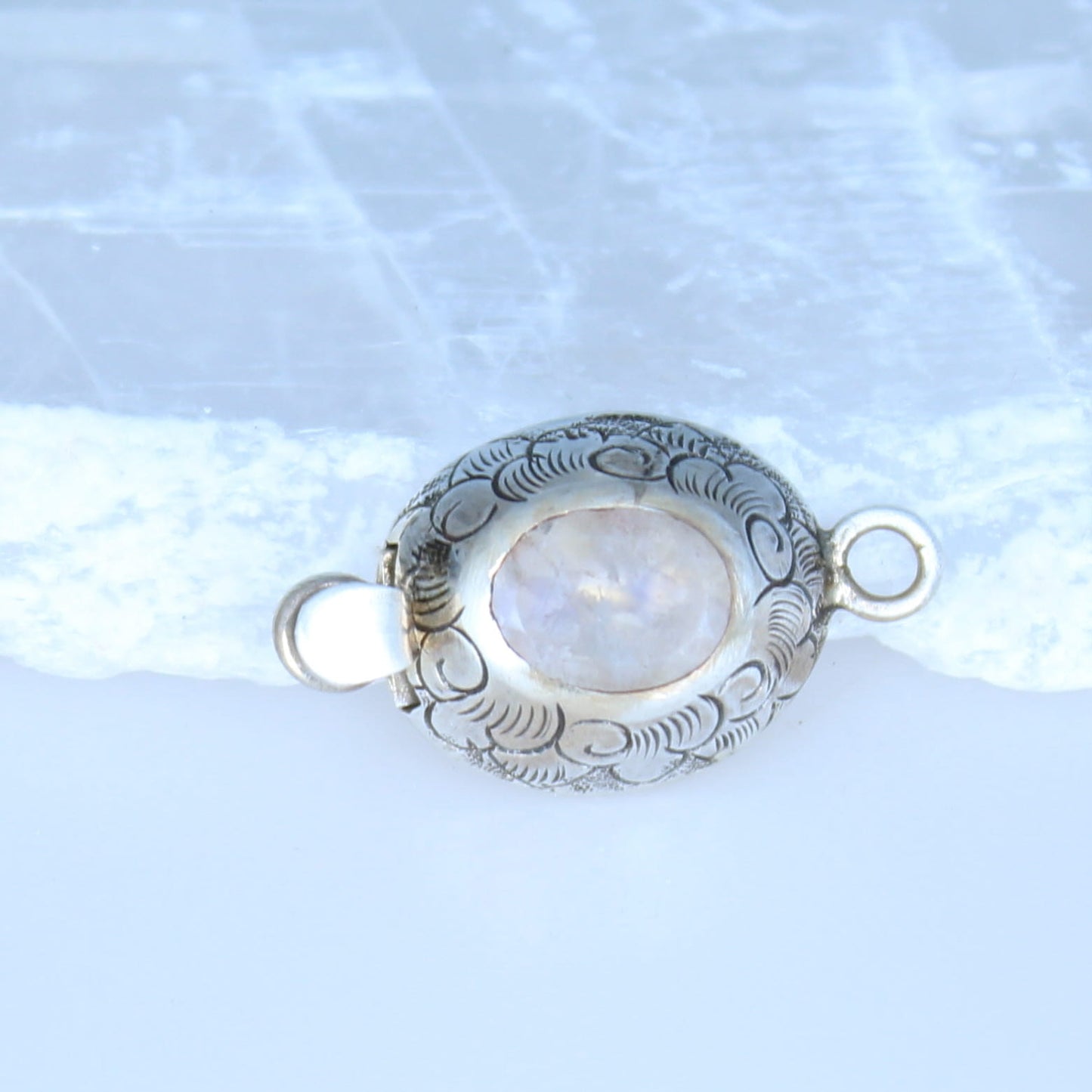 Beautiful FACETED MOONSTONE Clasp Etched Sterling