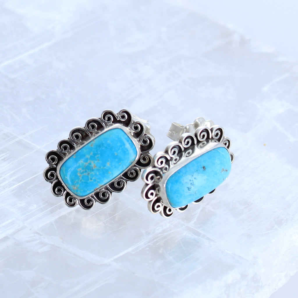 Armenian Turquoise Portrait Earrings Post Spiral Cushions