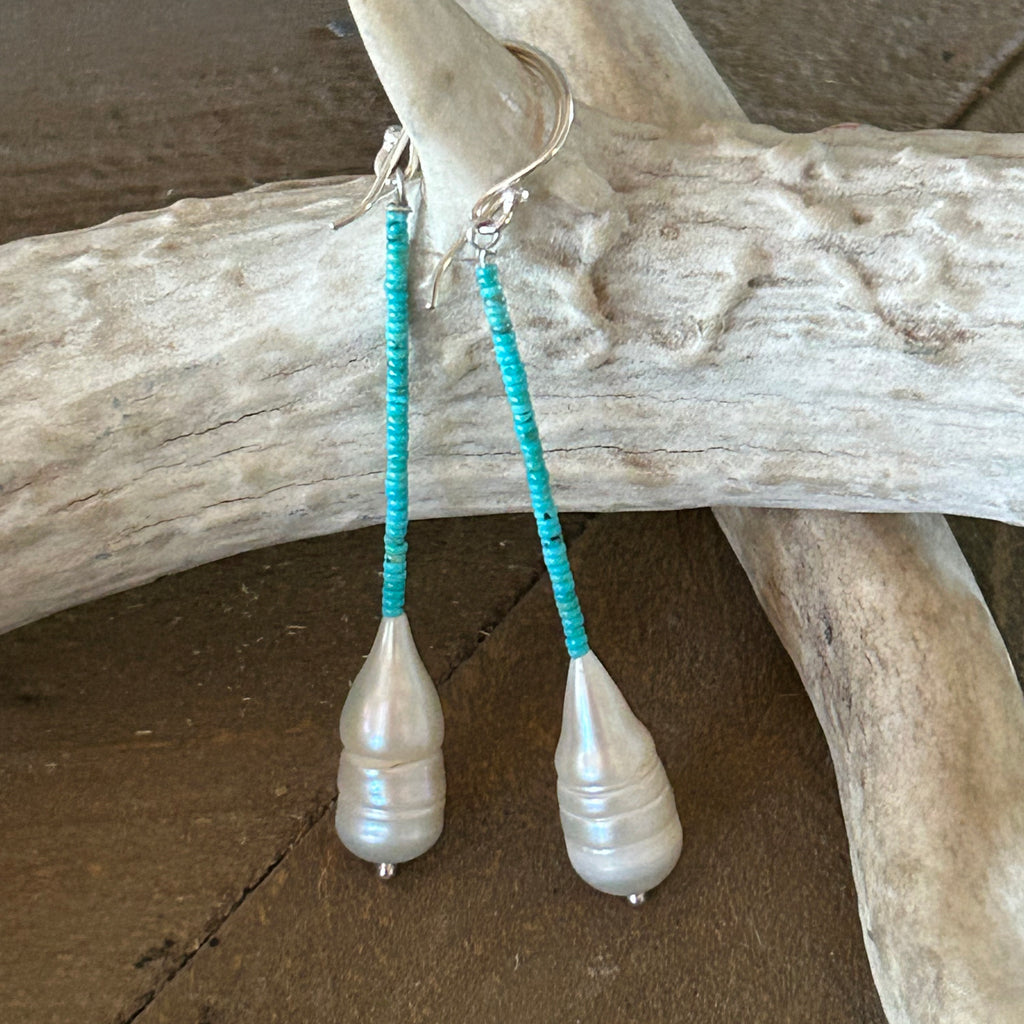 Tiny Kingman Turquoise and Large Pearl Earrings Sterling Silver 3"