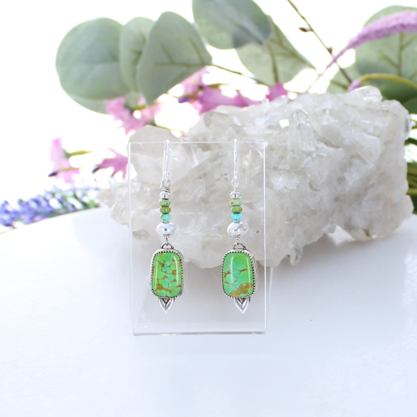 Green Sonoran Gold Turquoise Earrings Sterling Silver Cushion Shape