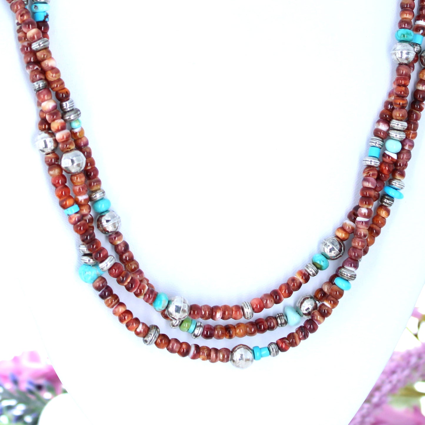 Red P{urple Spiny Oyster Turquoise Southwestern Necklace 3 Strand
