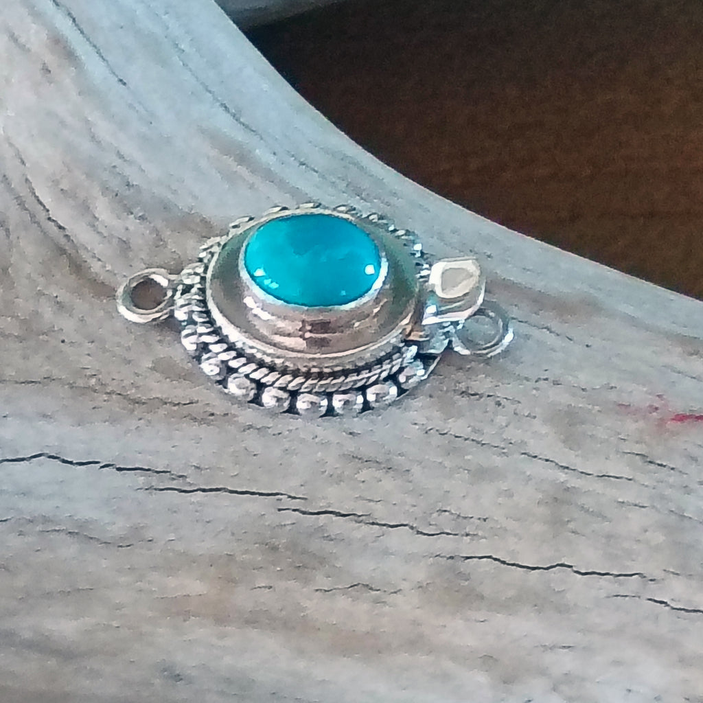 Bright Blue Kingman Turquoise Clasp Sterling Granulated Twist Wire Style 6x8mm Oval