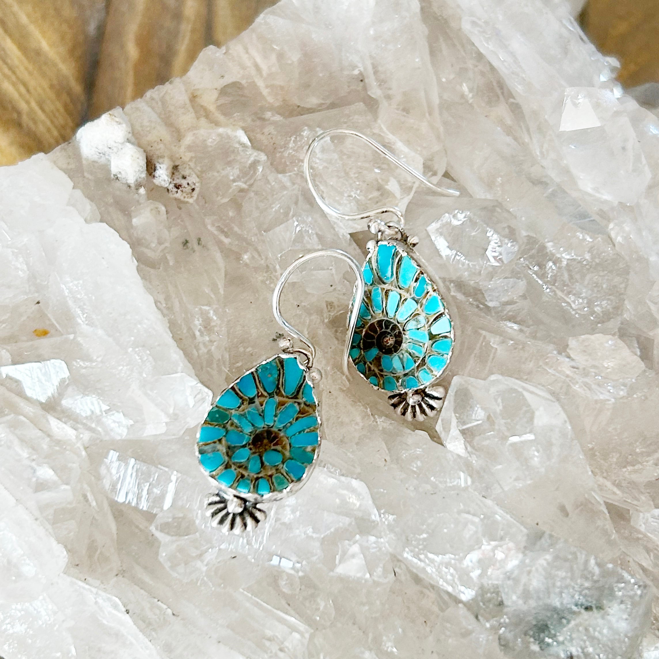 Turquoise Inlaid Fossil Ammonite Sterling Earrings 1.5" Artisan Made