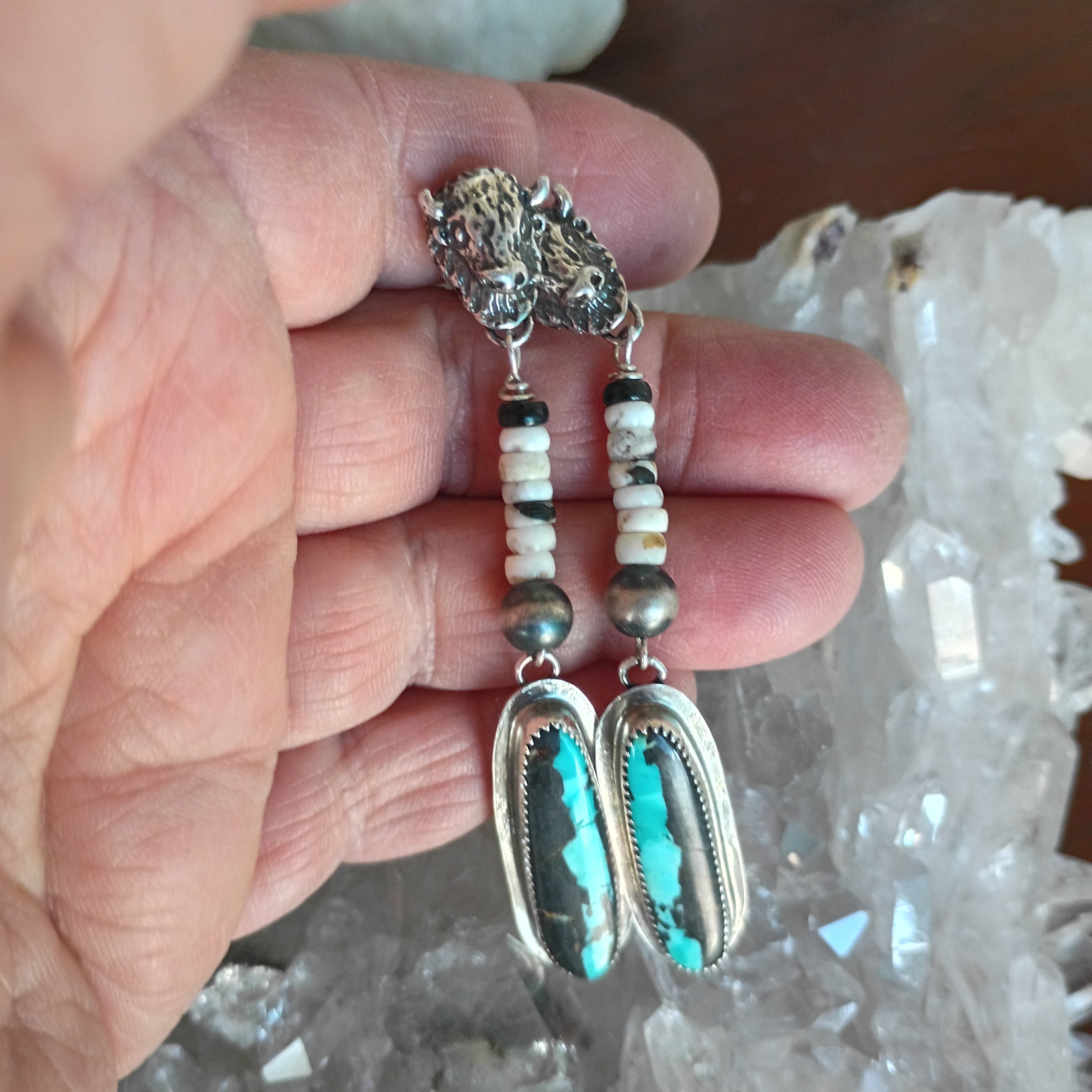AAA Black Jack and White Buffalo Turquoise Earrings Buffalo Head Sterling