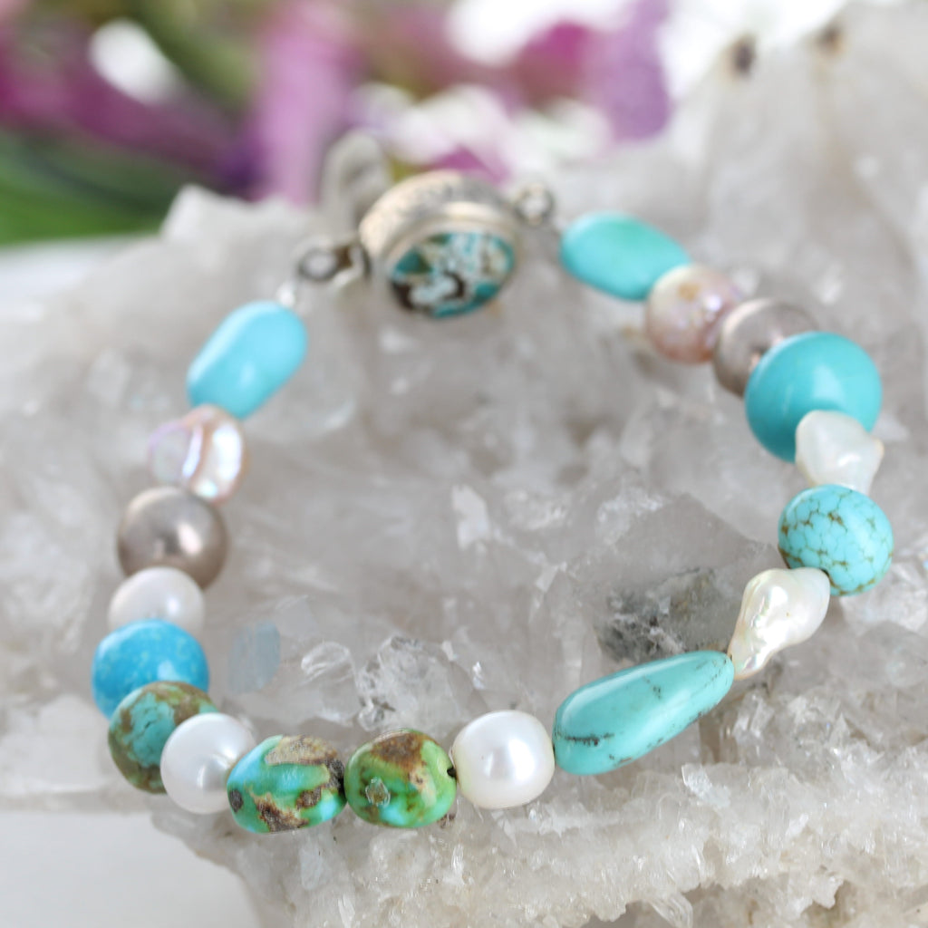 Blue Green Mixed Turquoise and Pearl Bracelet Sterling Silver