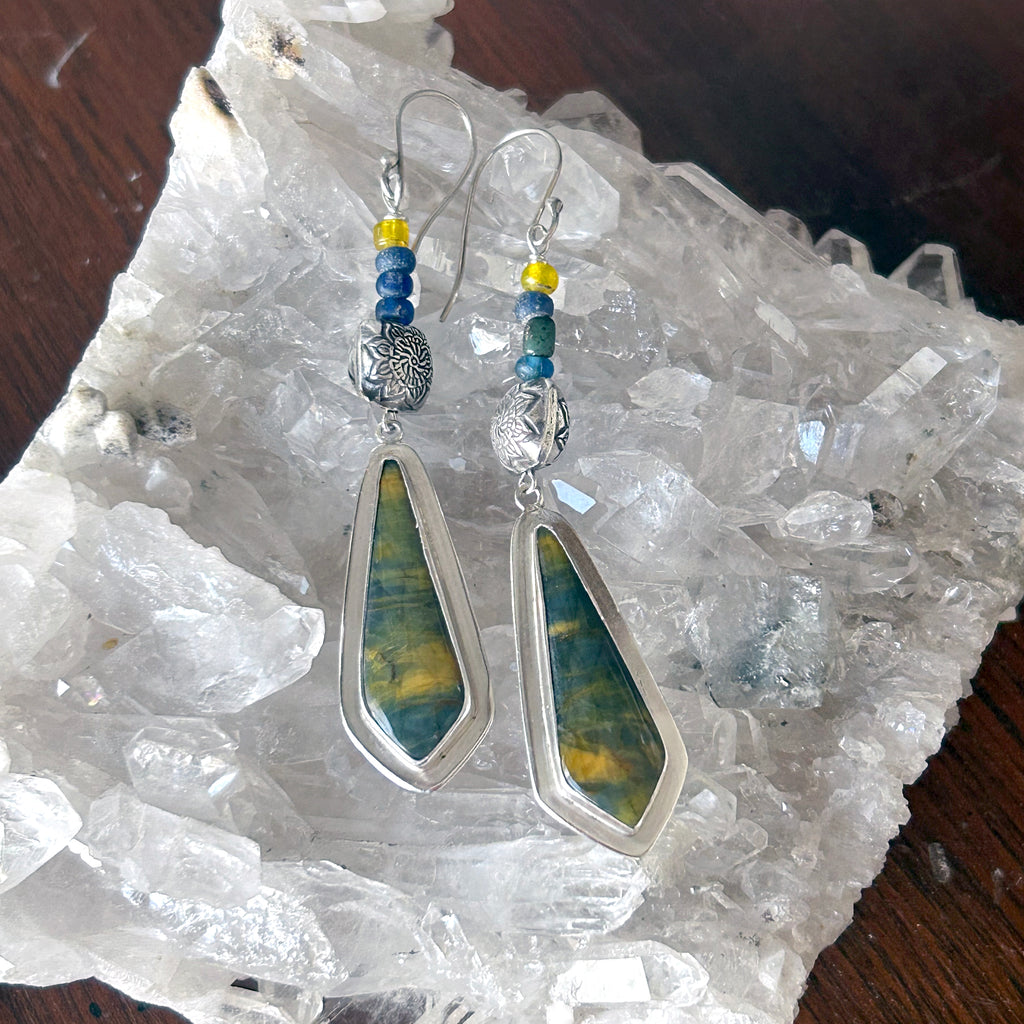 Dramatic Ancient Mali Dig Beads and Blue and Golden Tigereye Sterling Silver Earrings