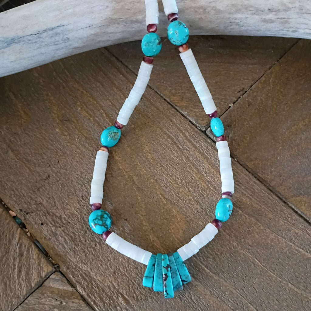 White Spiny Oyster and Blue Turquoise Necklace Sterling Silver 19.5"