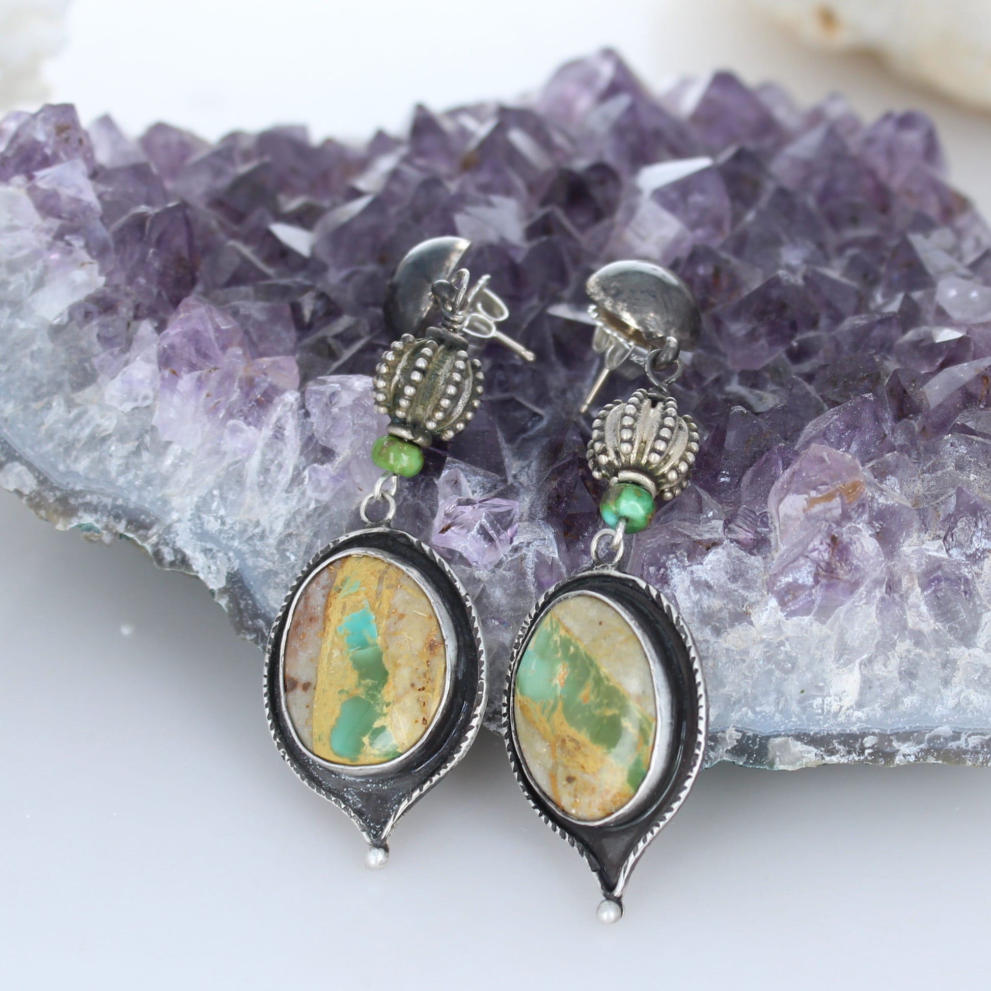 Gorgeous Royston Mine Earrings Ovals with Beads Southwest 2.75" -NewWorldGems