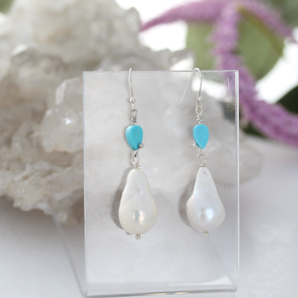 Sleeping Beauty Turquoise and Large Pearl Earrings Sterling Silver 2"