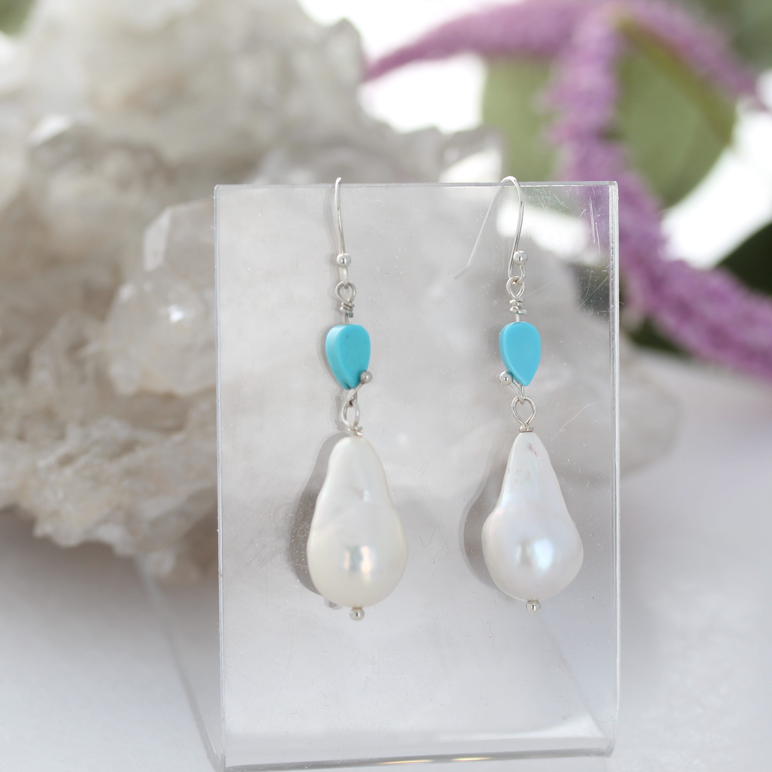 Sleeping Beauty Turquoise and Large Pearl Earrings Sterling Silver 2"