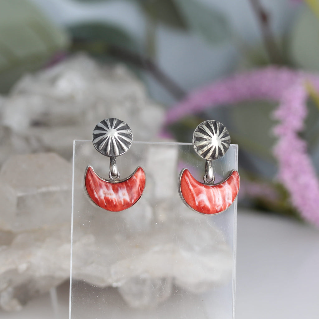 Red Spiny Oyster Moon Earrings With Sterling Silver Sunburst Posts Southwestern