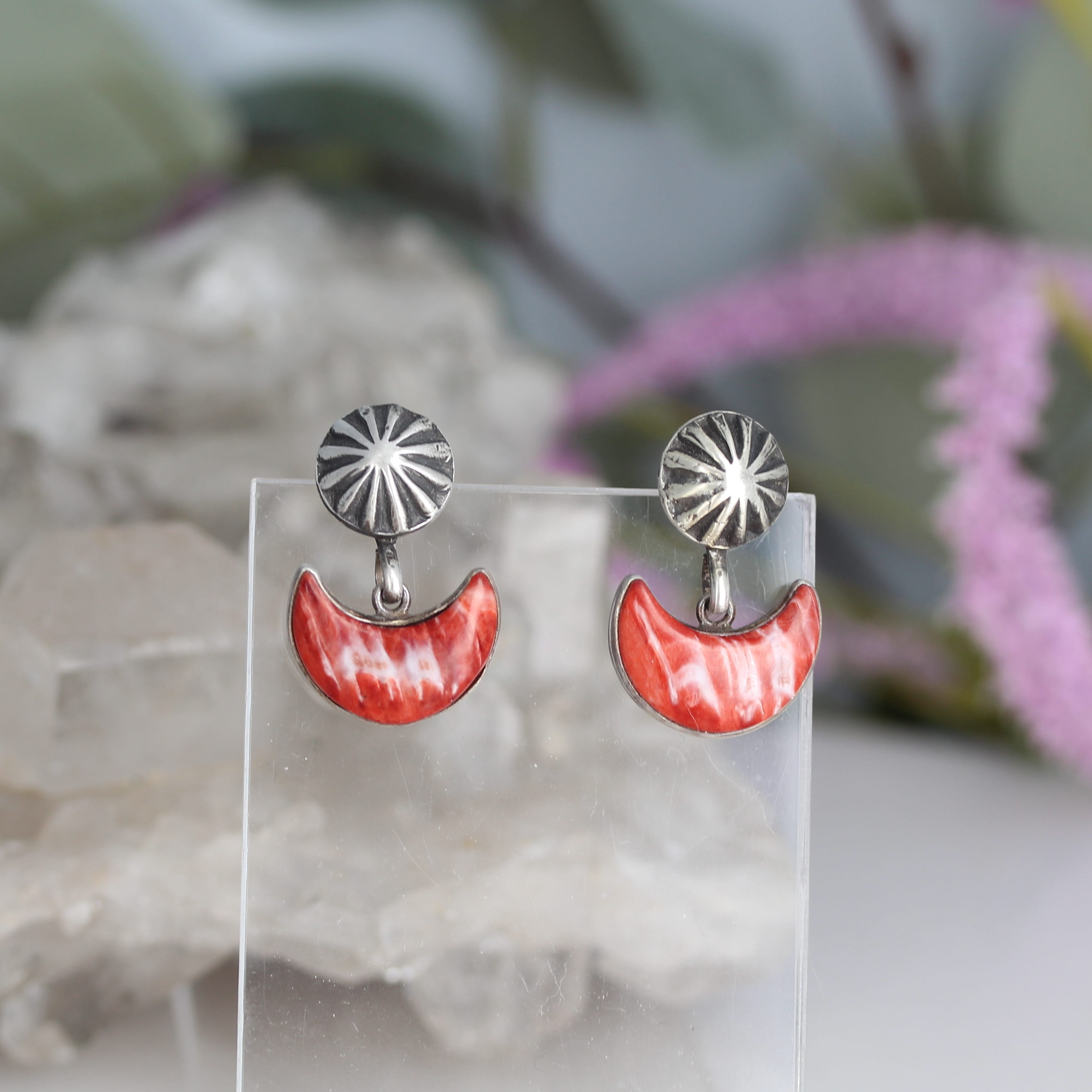 Red Spiny Oyster Moon Earrings With Sterling Silver Sunburst Posts Southwestern