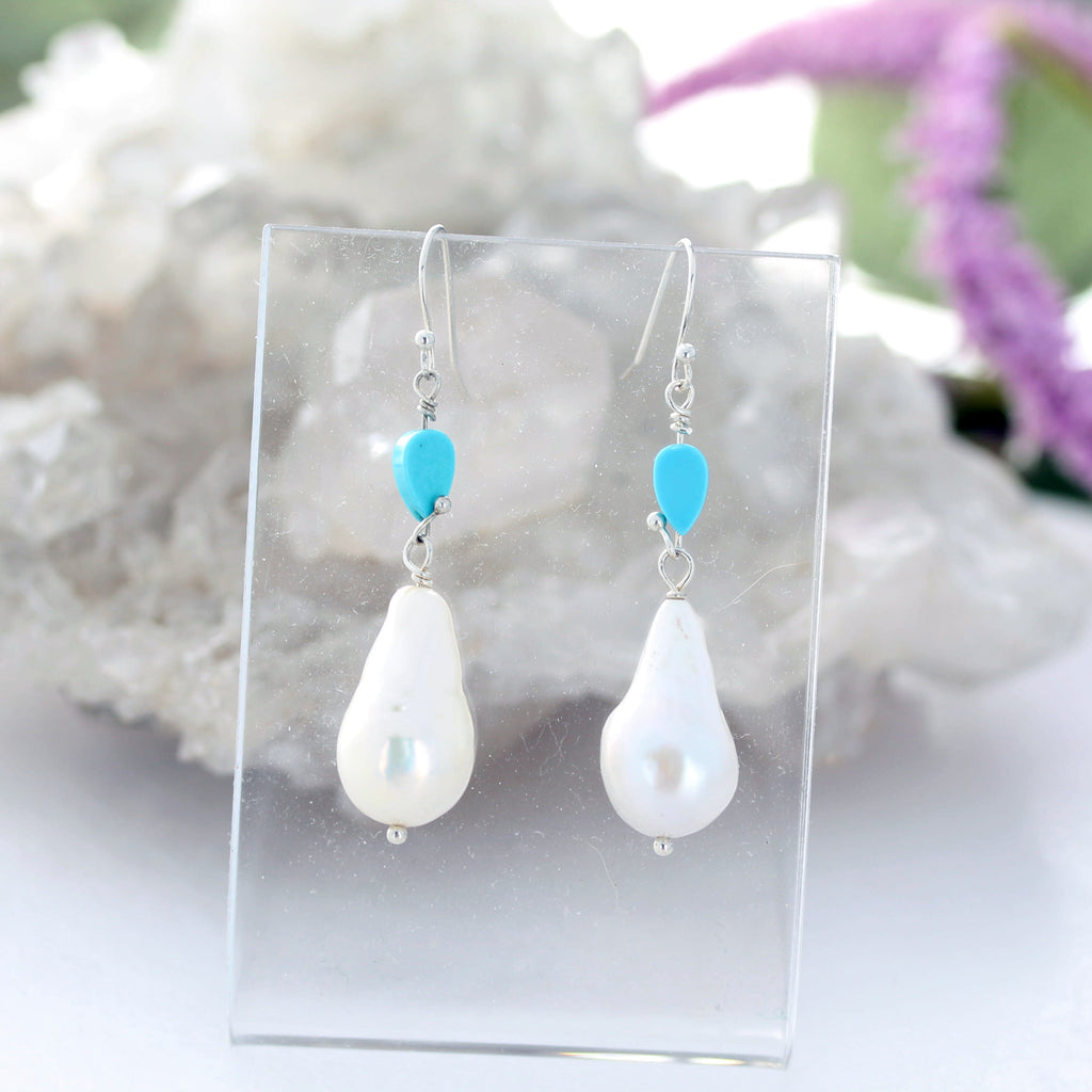 Sleeping Beauty Turquoise and Large Pearl Earrings Sterling Silver 2"
