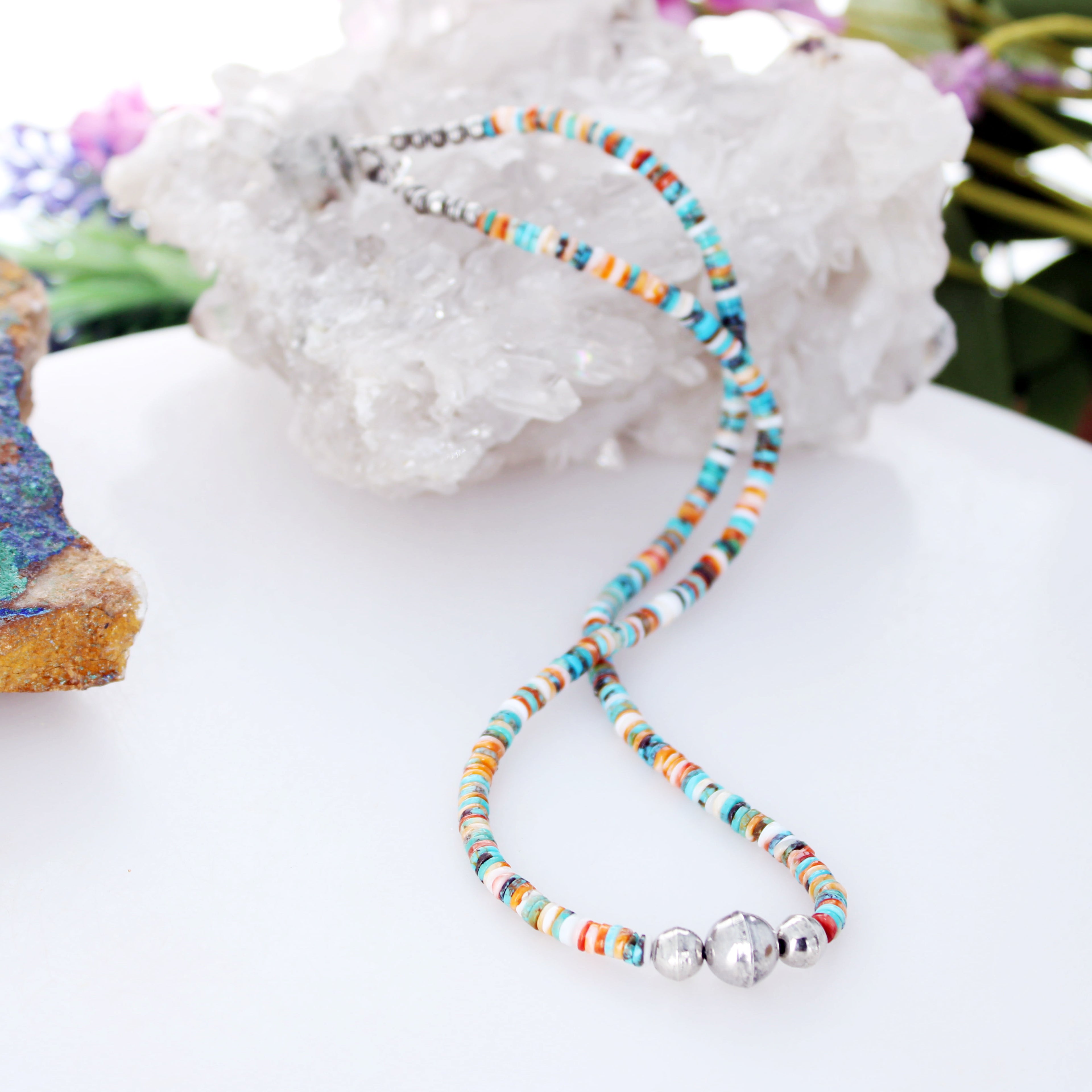 Spiny Oyster Turquoise Necklace Sterling Pueblo Beads 19"