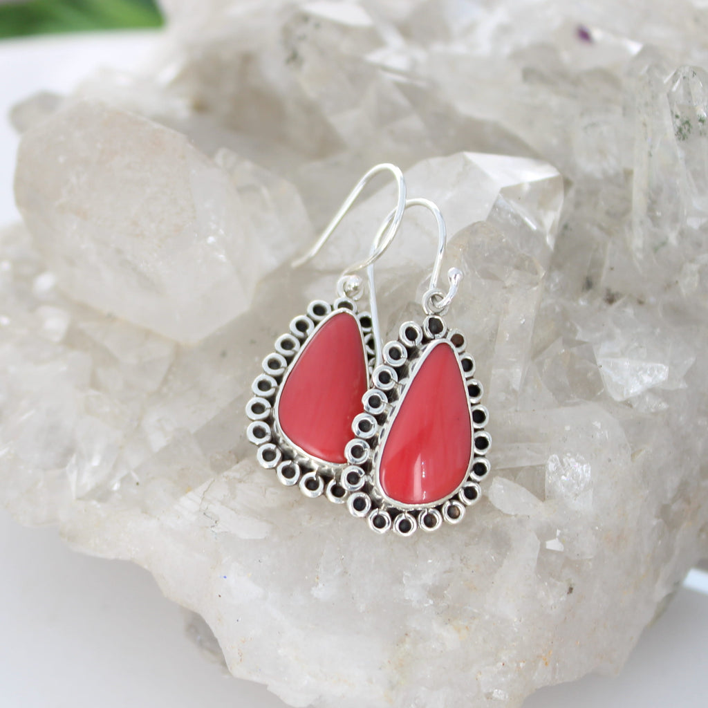 Gorgeous Coral Red Rosarita Gold Glass Earrings Drops Boho Chic Sterling Silver