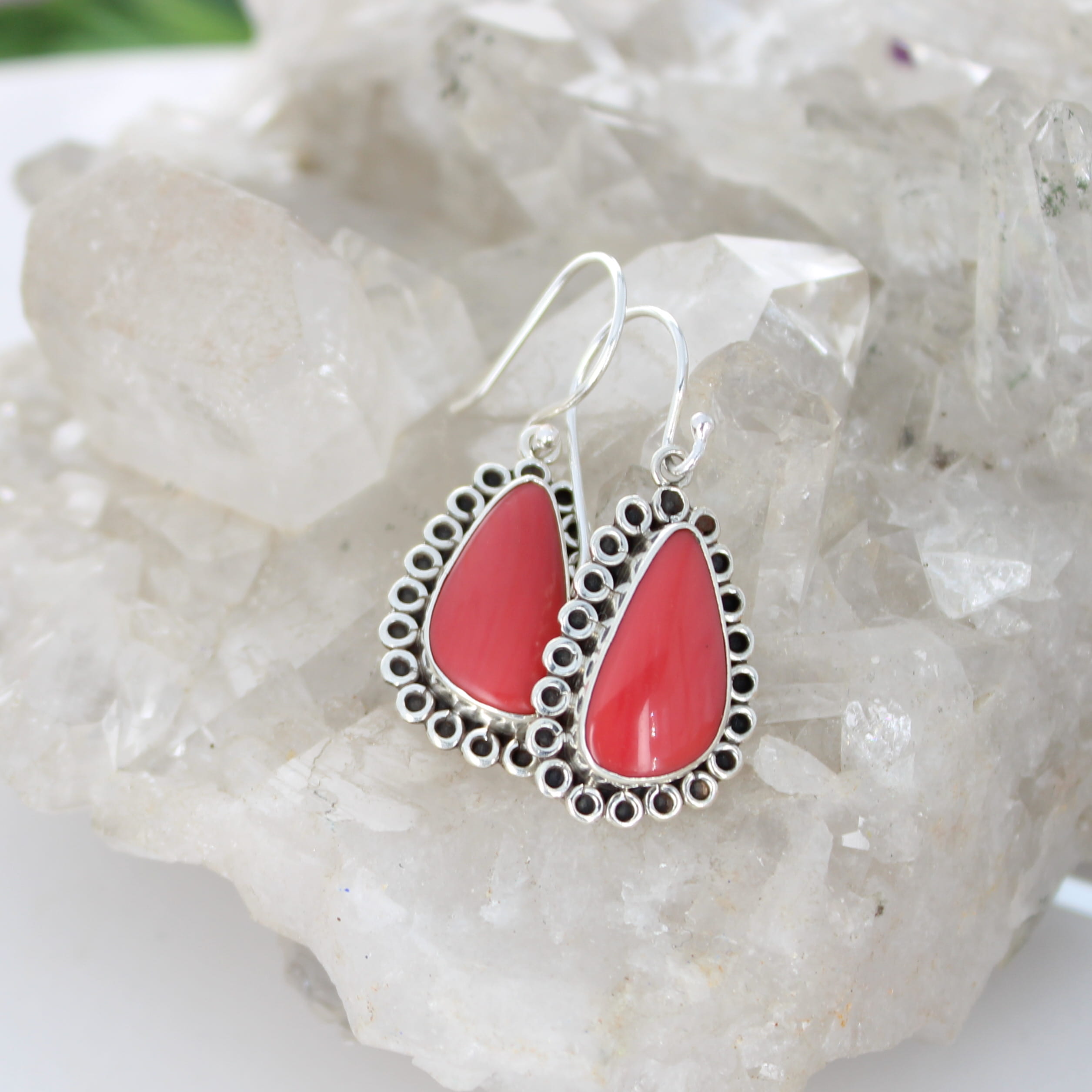 Gorgeous Coral Red Rosarita Gold Glass Earrings Drops Boho Chic Sterling Silver