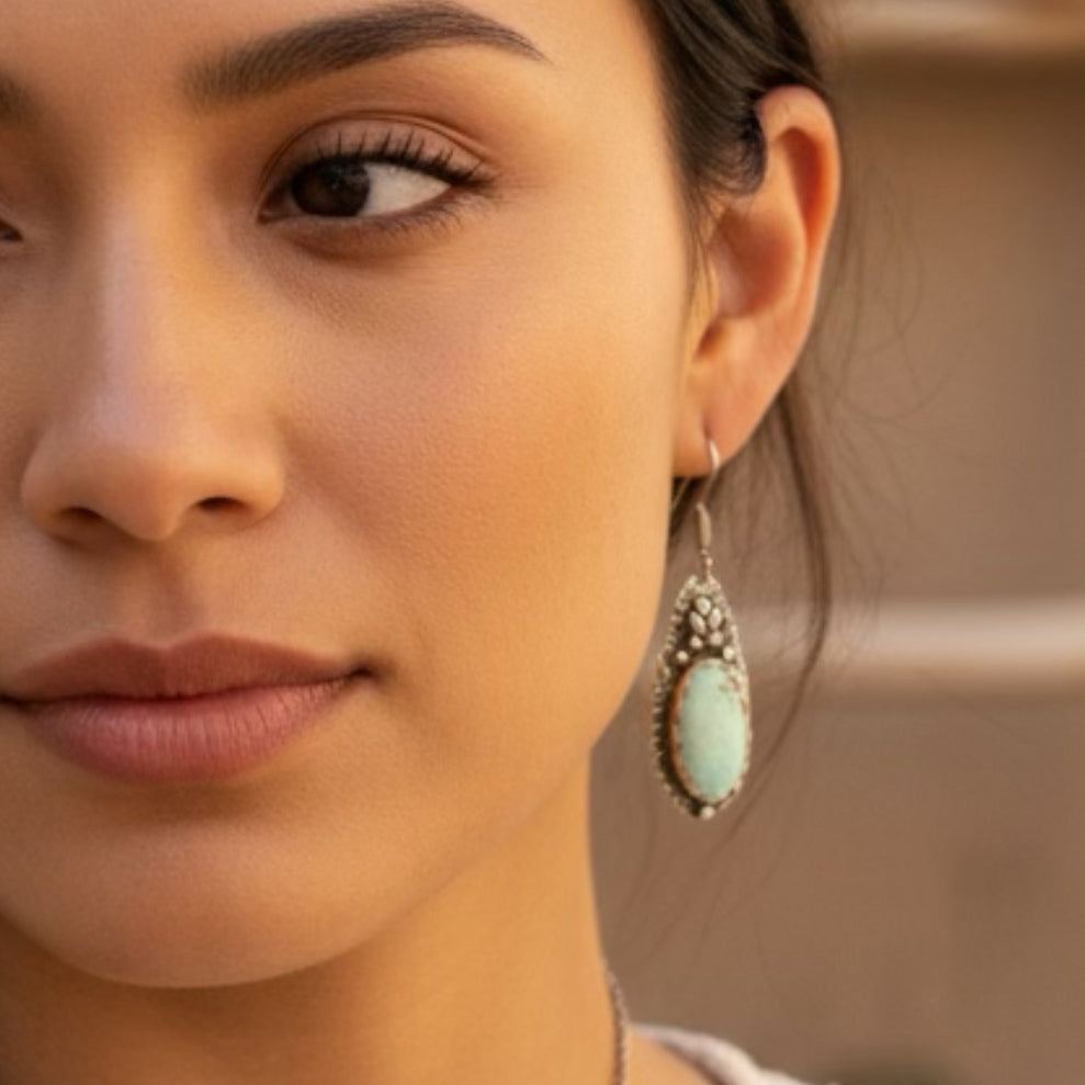 Ethereal Rare DRY CREEK Turquoise Earrings Sterling Oval Drops