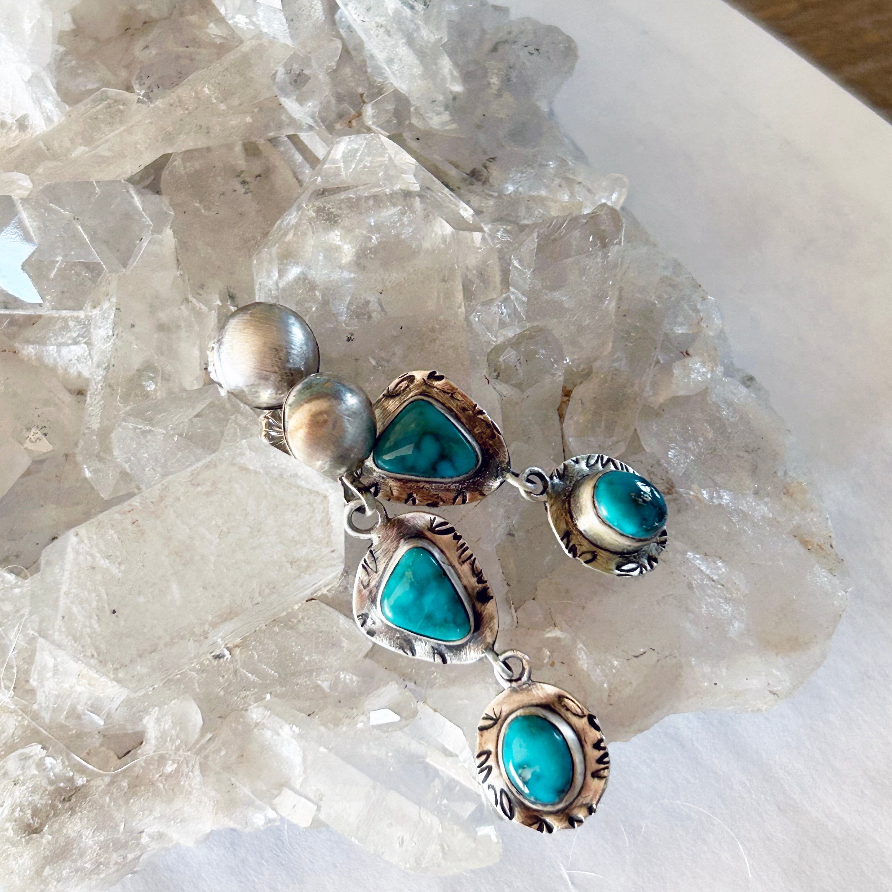 Teal Blue Fox Turquoise 2 Stone Earrings Sterling Silver