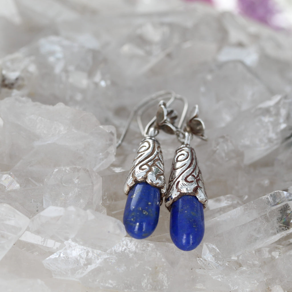 Elegant Midnight Moon Lapis Earrings Floral French Earwire