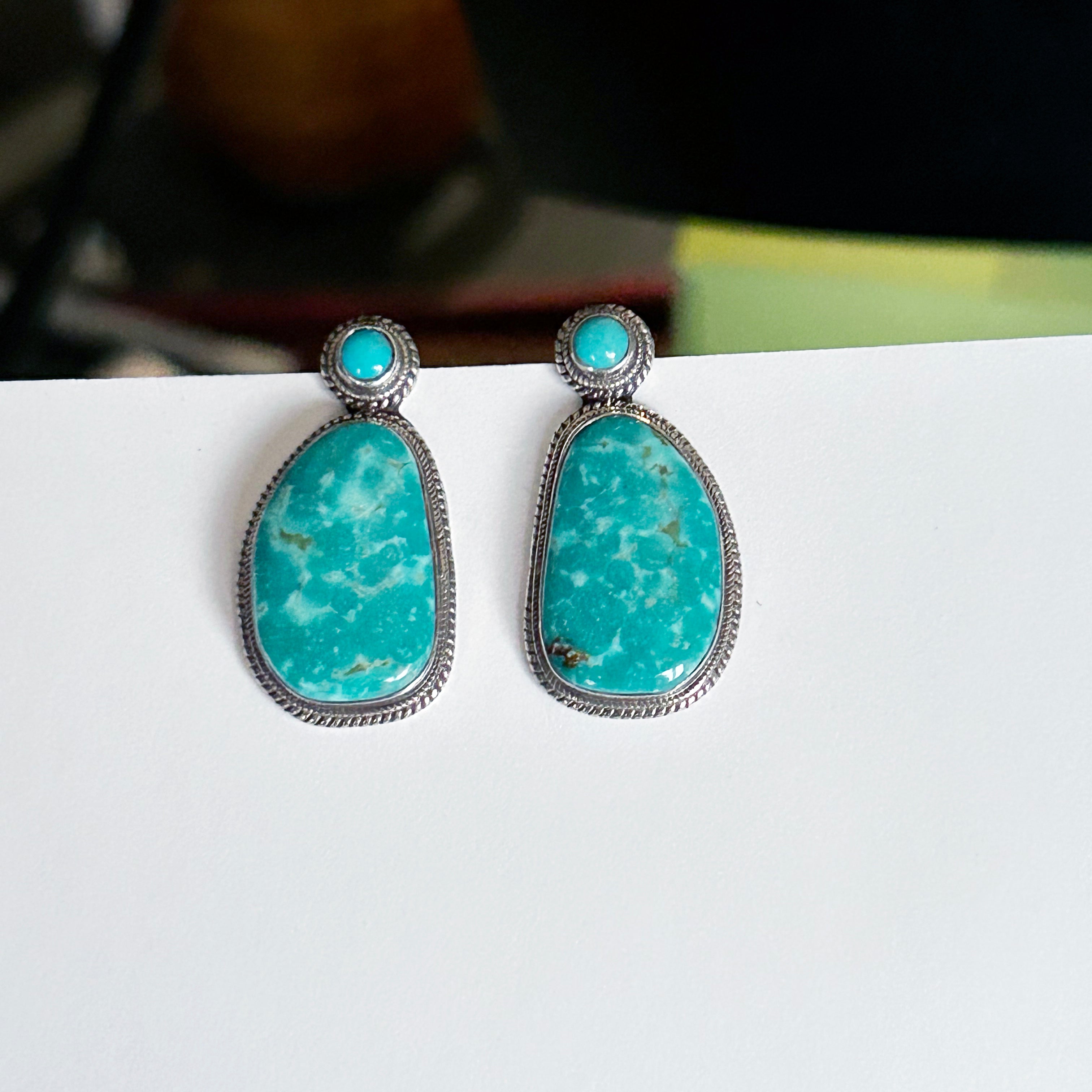 Teal Blue Fox Turquoise 2 Stone Earrings Sterling Silver Posts