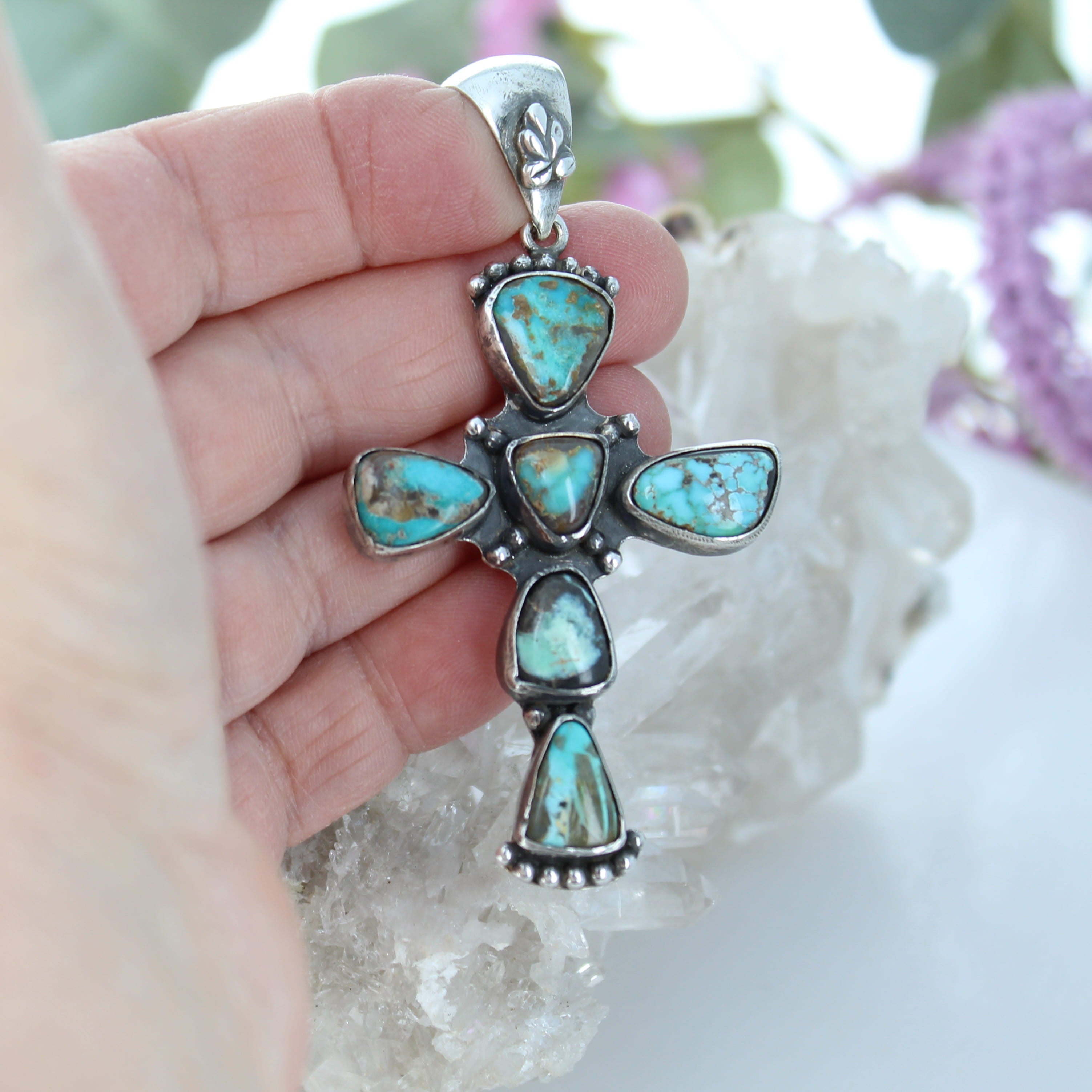 Vintage Carico Lake Turquoise Cross Pendant Sterling Silver Santa Fe Style