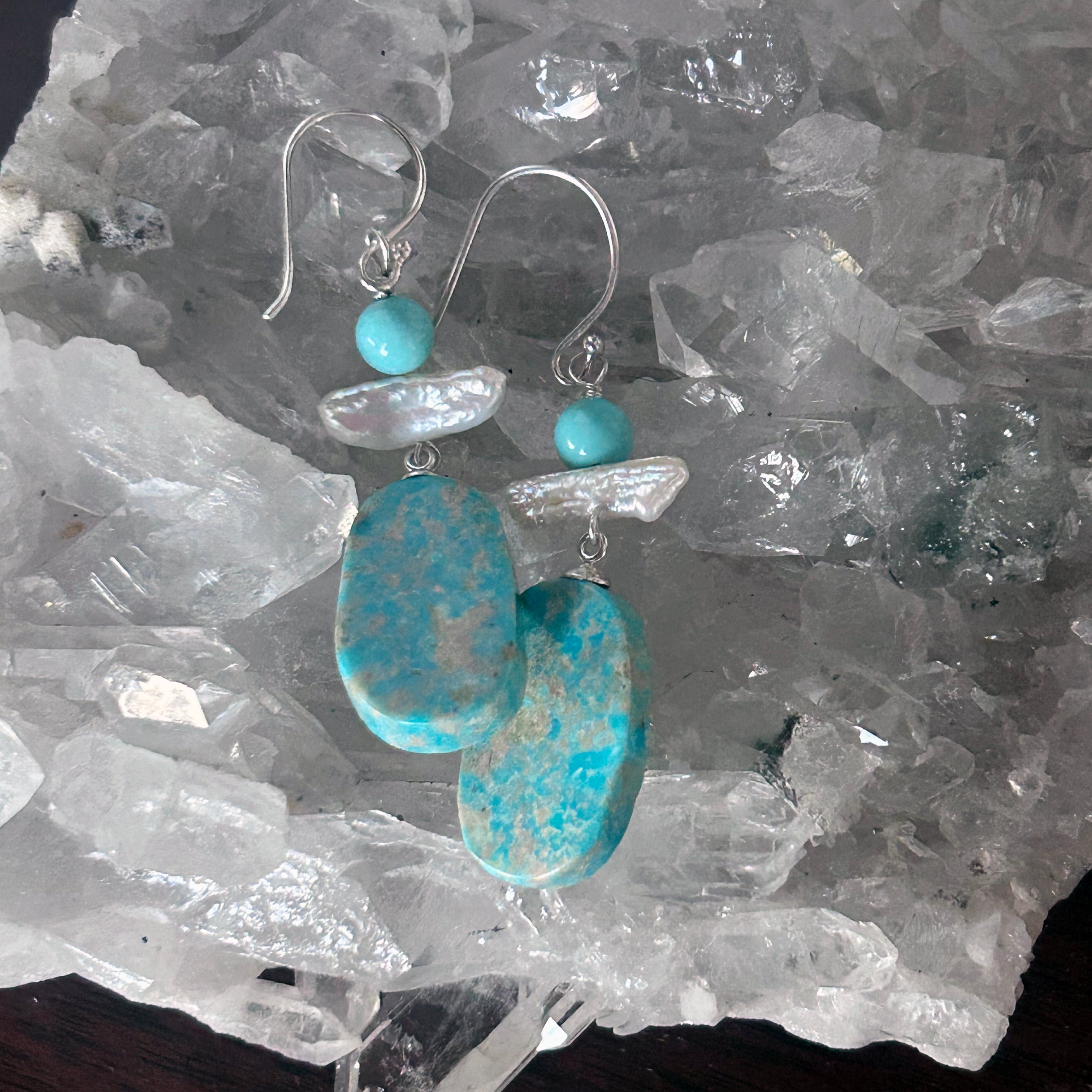 AAA Elisa Turquoise and White Biwa Pearl Earrings Sterling Silver