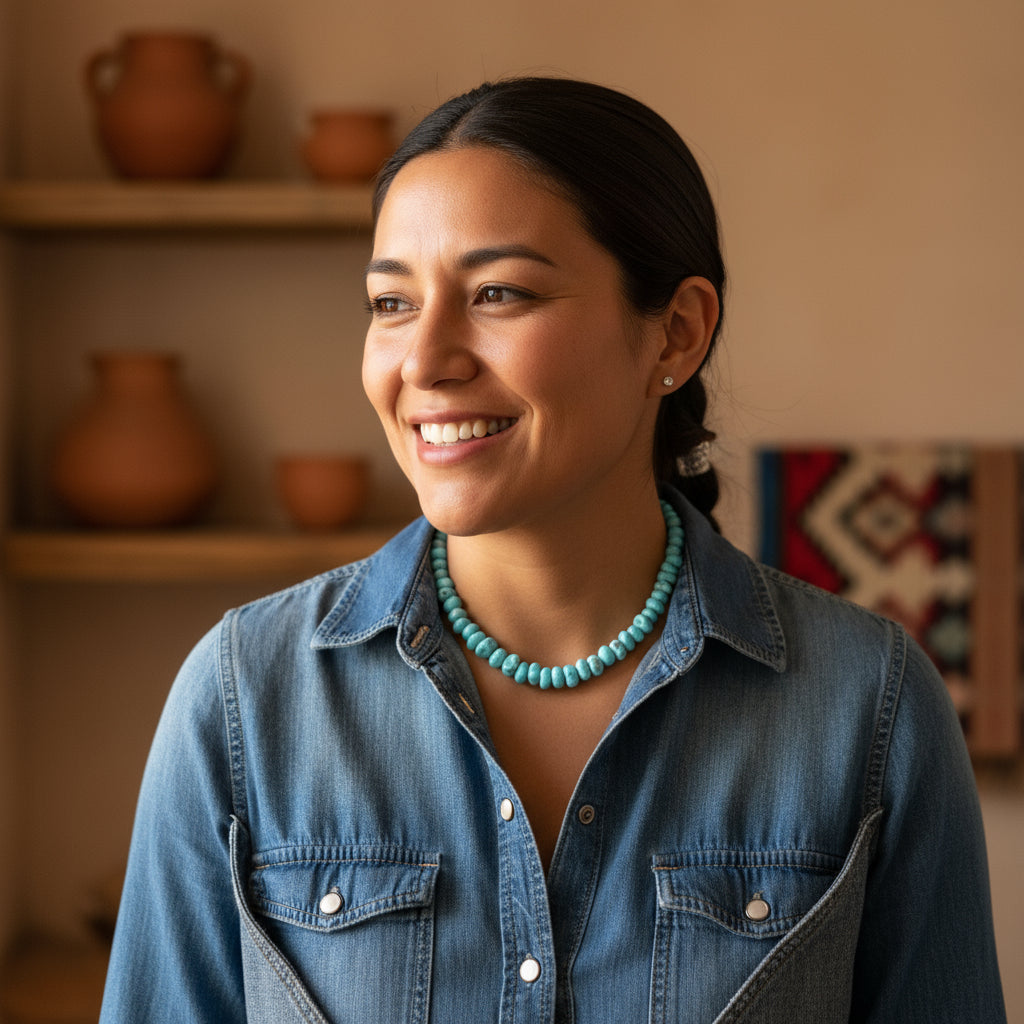 White Creek Turquoise Beads Nugget Necklace Sterling Southwest Elegance