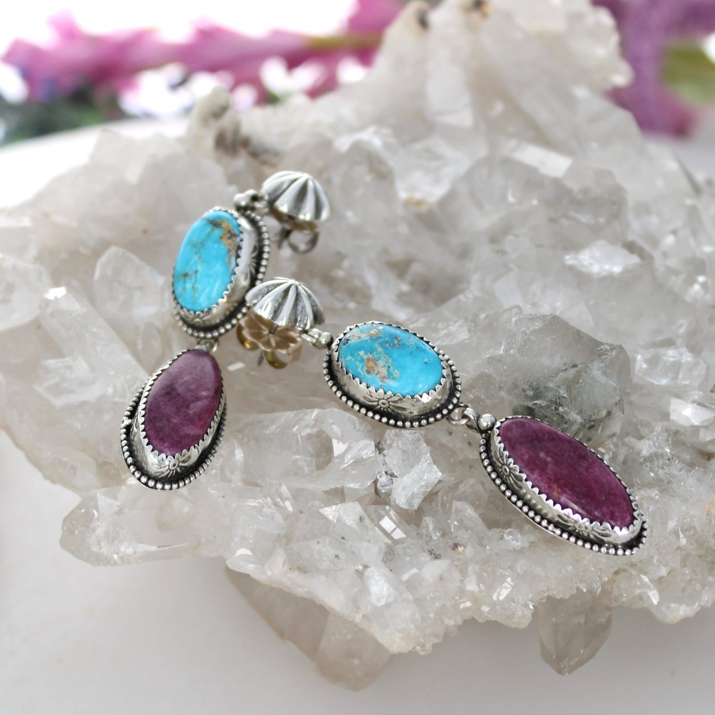 Dramatic Kingman Turquoise Purple Spiny Oyster Earrings Sunburst