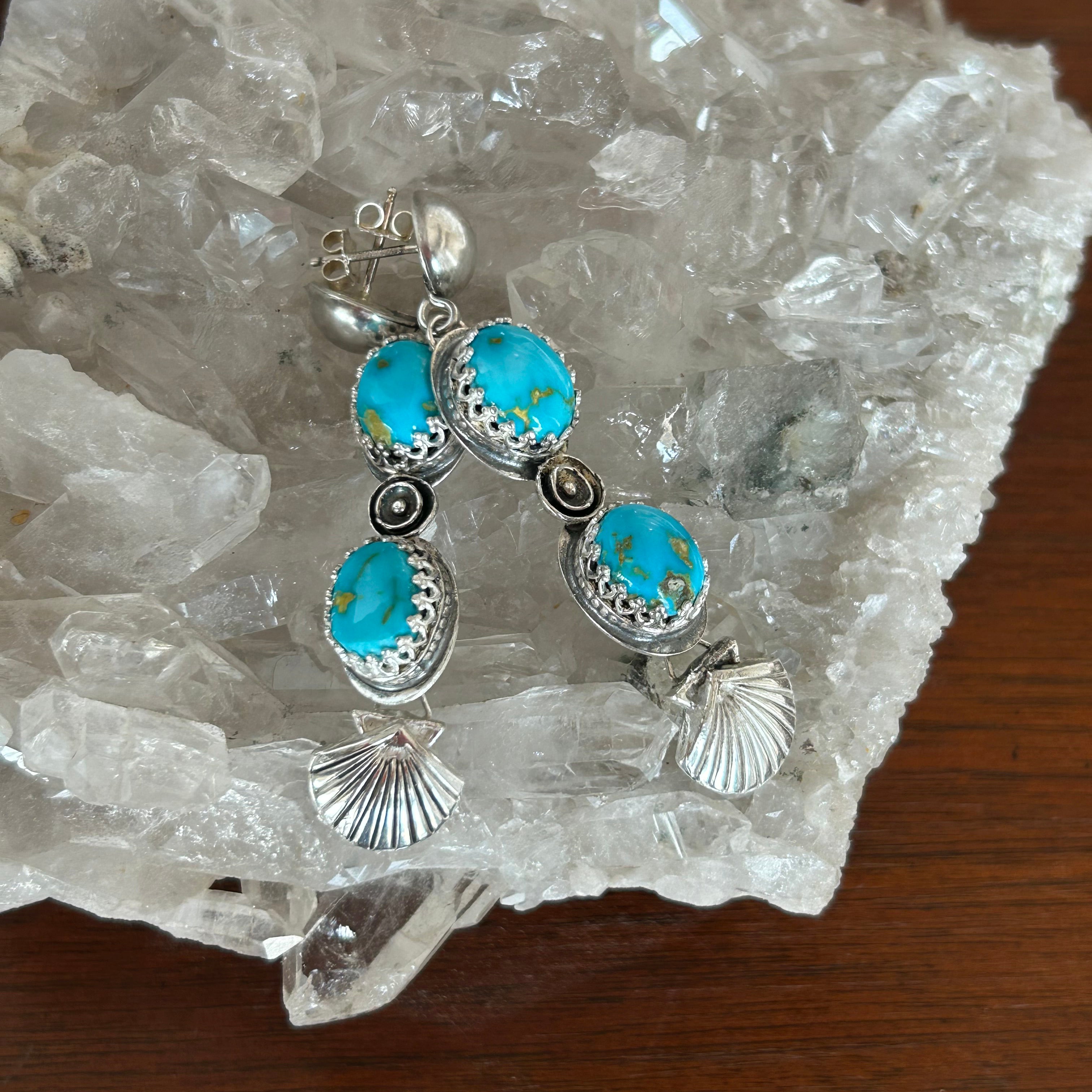 AAA Blue Sonoran Rose Turquoise Earrings 2 Stone Sterling Shells