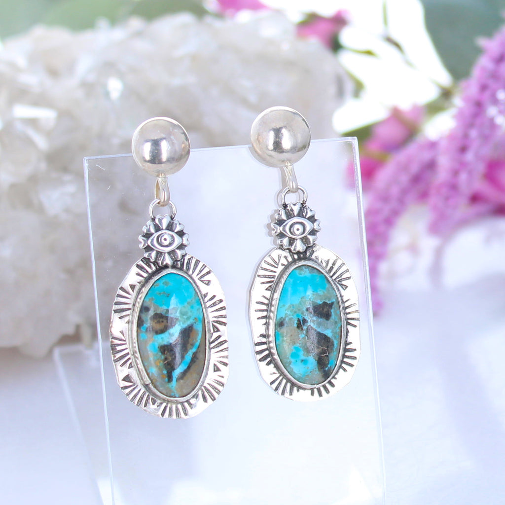 Moody Blues Royston Turquoise Earrings Long Ovals Southwest 2"