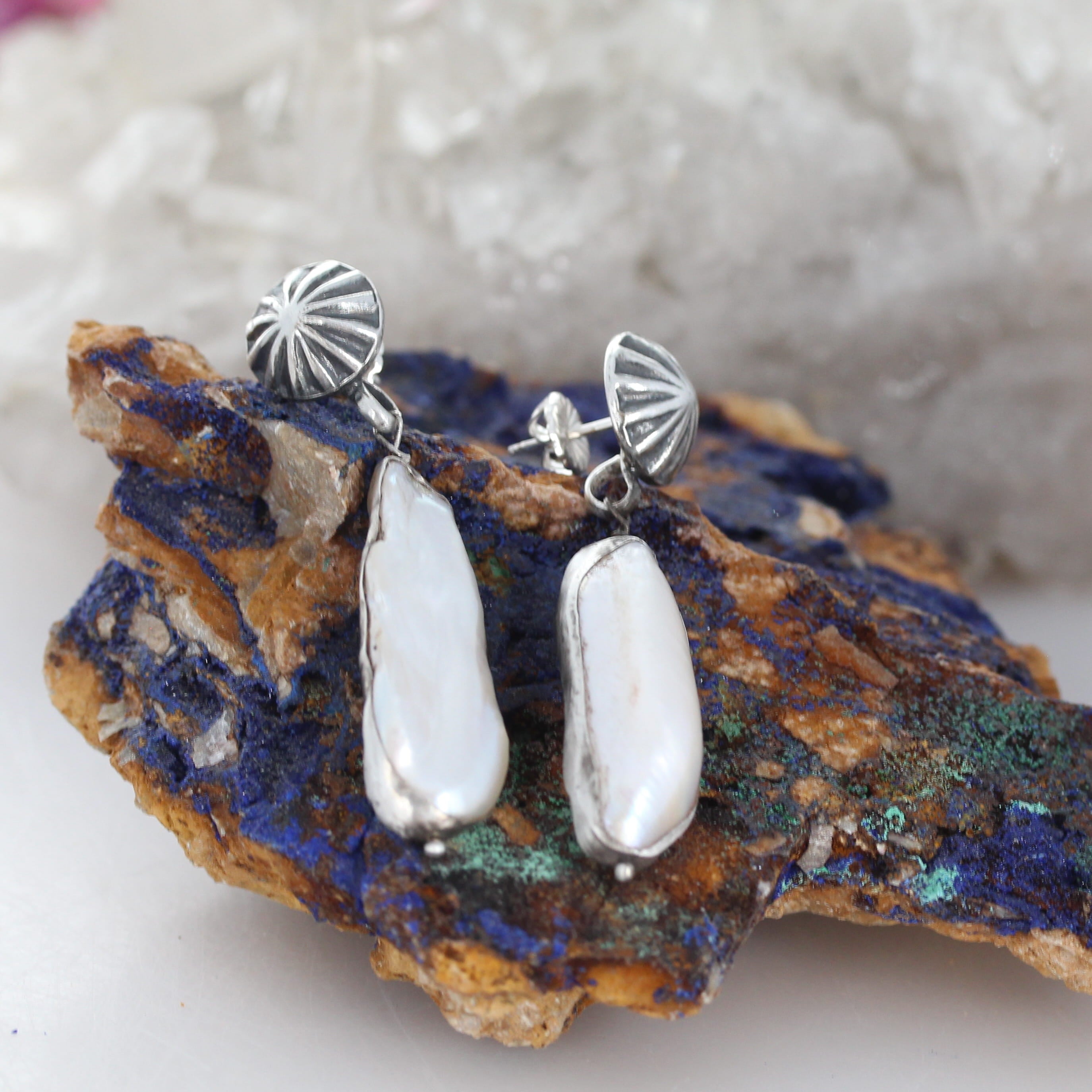 Long Biwa Pearl Earrings Sunburst Posts Southwestern Elegance