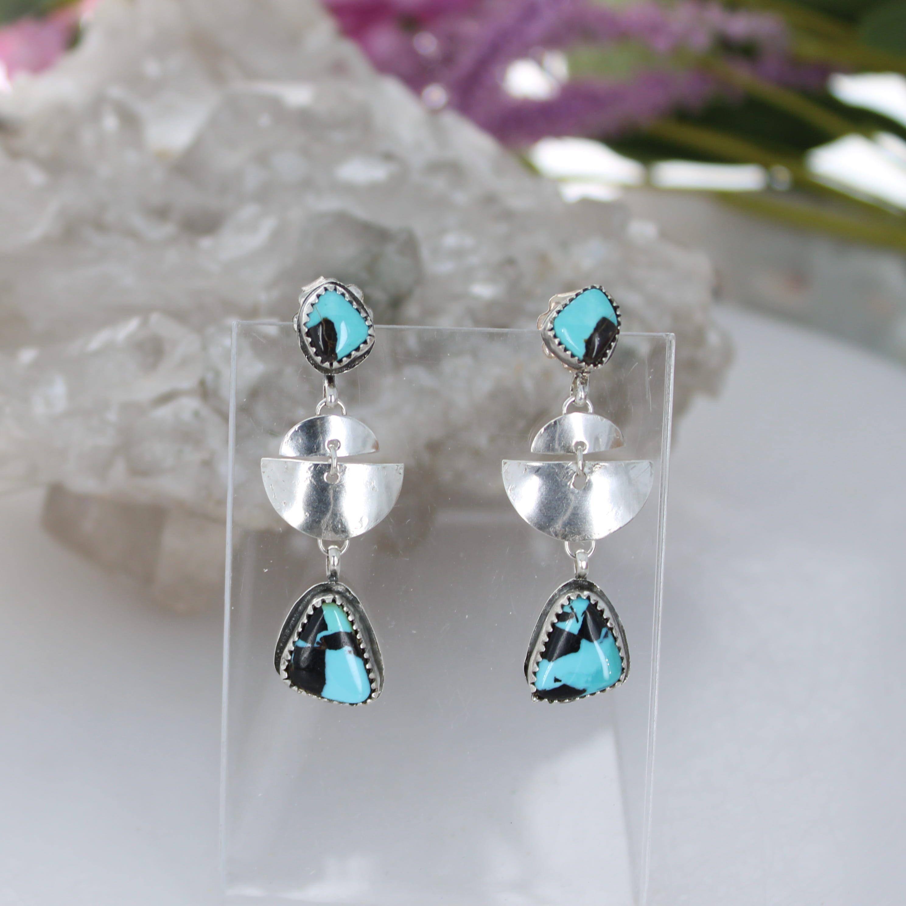 Blue CARICO LAKE Turquoise Earrings 2 Stone Sterling Half Moons