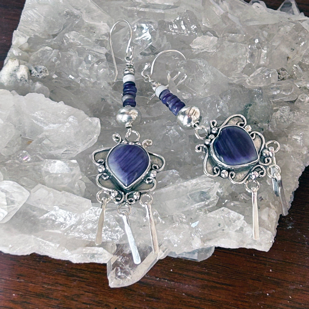 Purple Spiny Oyster Hearts Earrings Sterling Scroll Design Dangles 3.25"