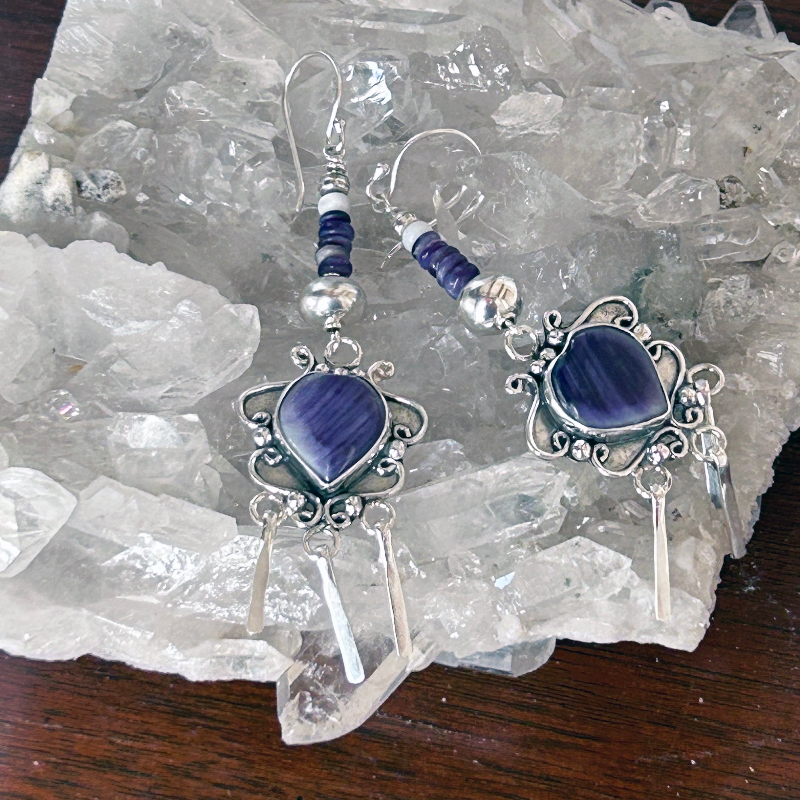 Purple Spiny Oyster Hearts Earrings Sterling Scroll Design Dangles 3.25"