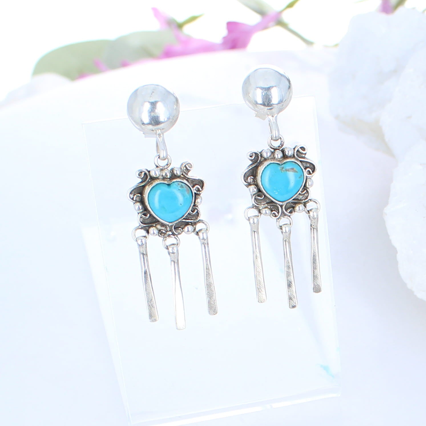 Kingman Turquoise Hearts Earrings Bright Sky Blue Dangles -NewWorldGems