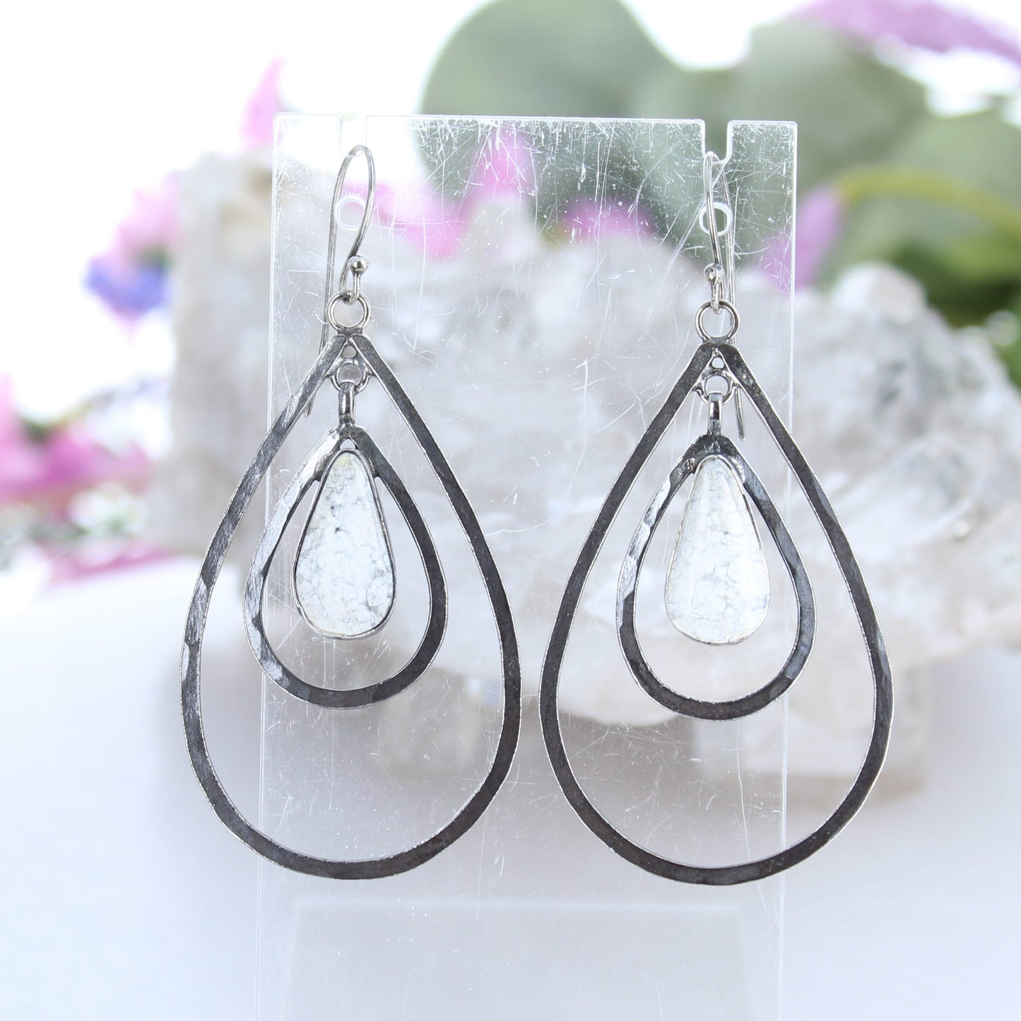 White Buffalo Turquoise Earrings Double Hoops Oxidized