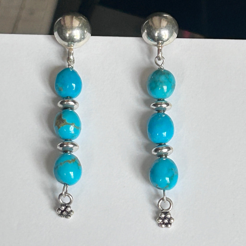 AAA Kingman Turquoise Earrings 3 Stone Sterling Silver Southwestern
