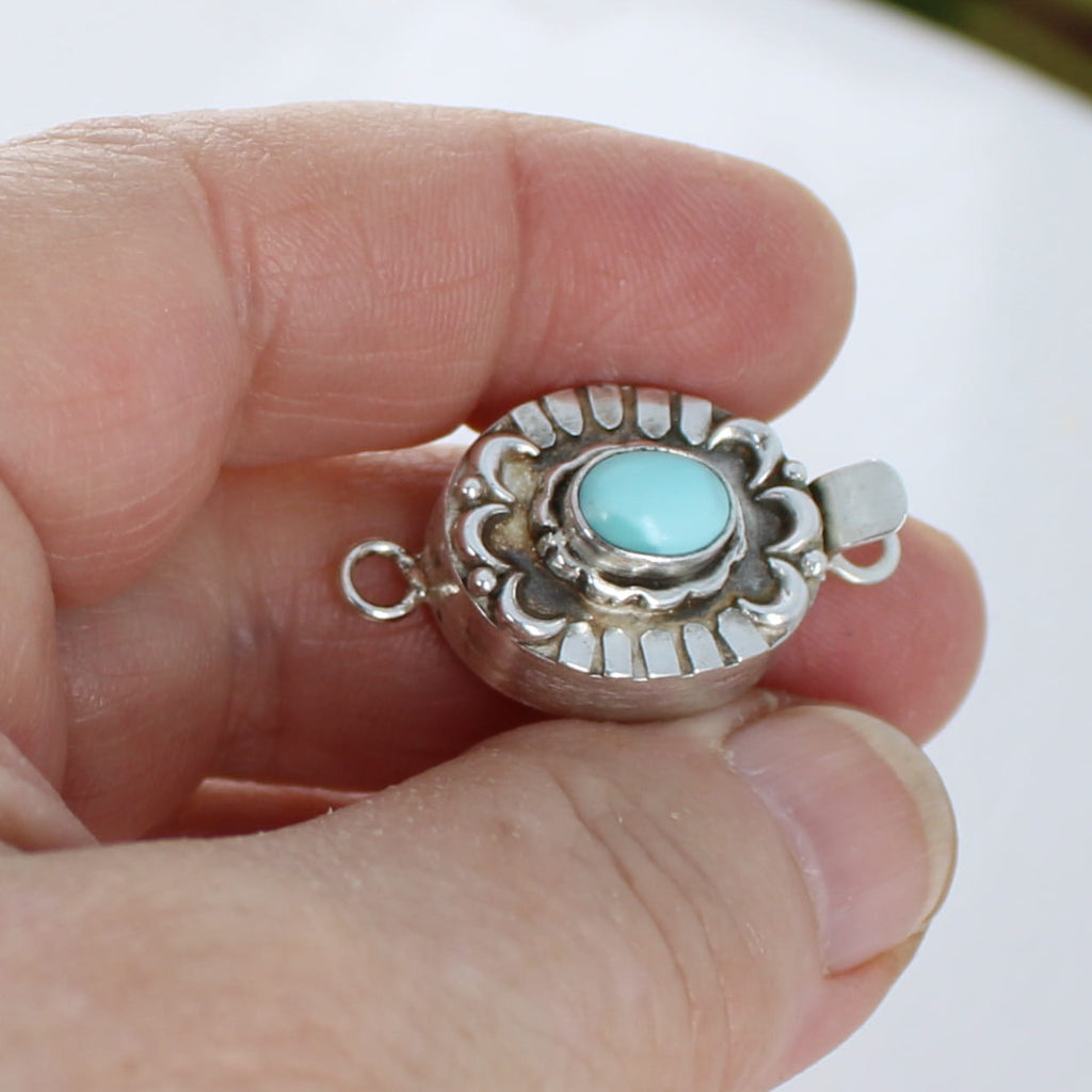 Turquoise Clasp Rare Lone Mountain Sterling Moon Petal Design 6x8mm