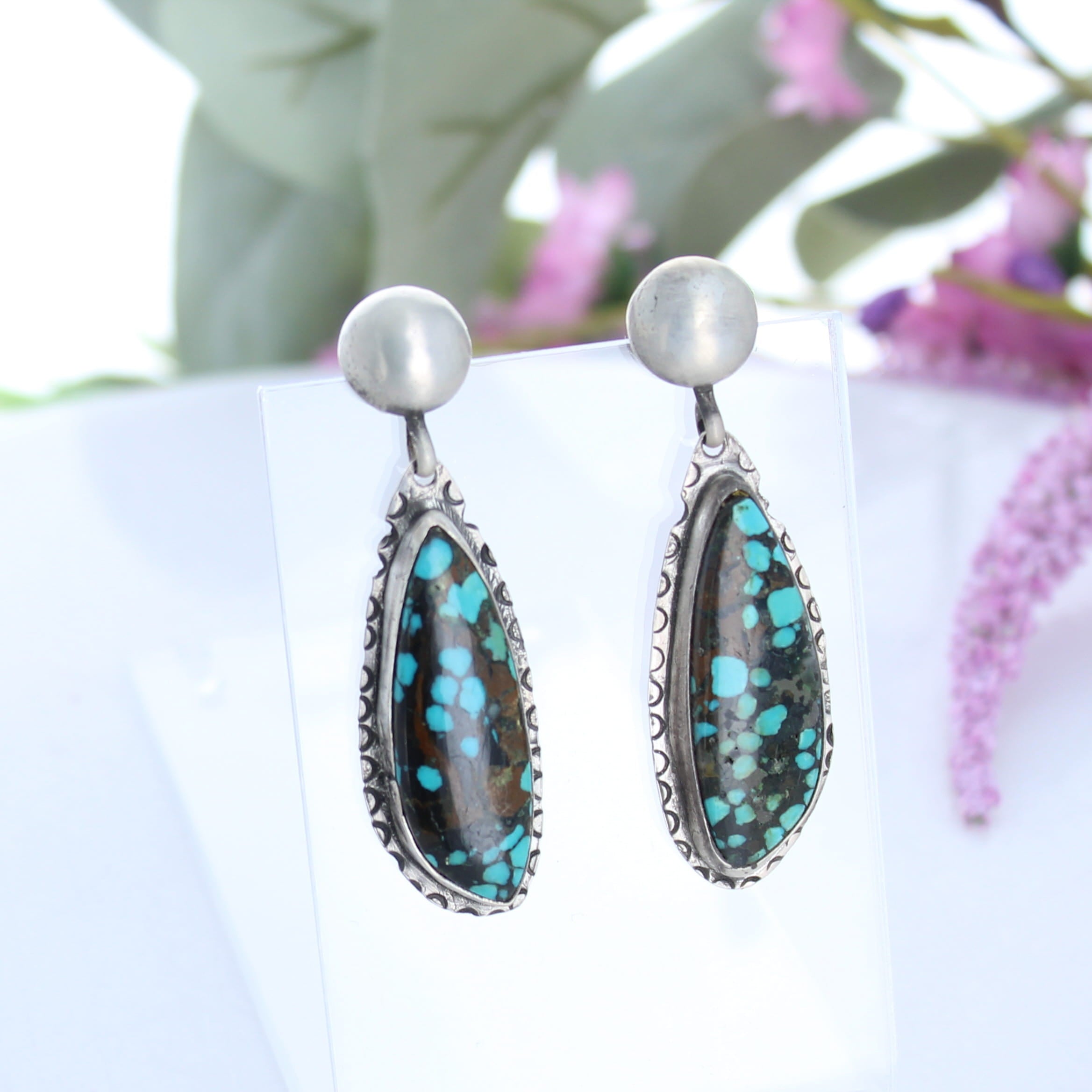 Stunning Blue and Black Tibetan Turquoise Beads Earrings Sterling Silver