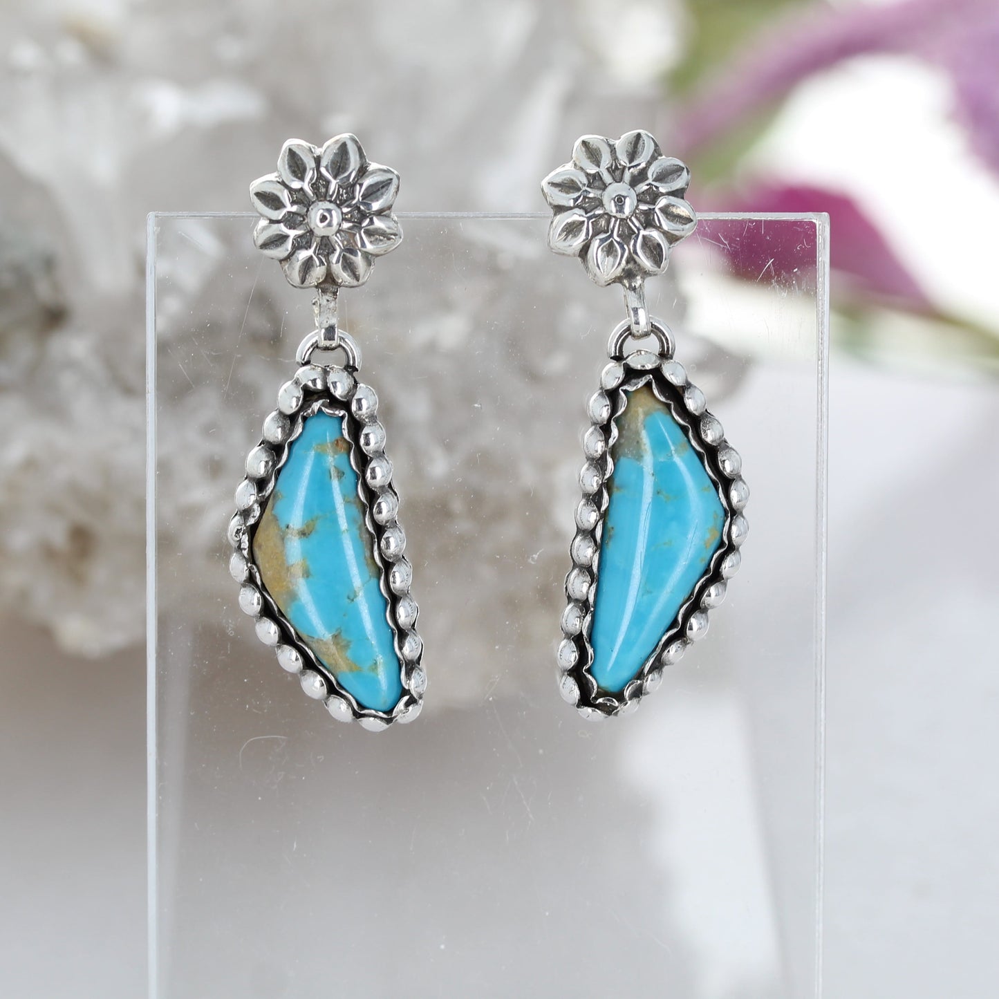 AAA Kingman Turquoise Earrings Triangle Shaped Blue Skies Sterling