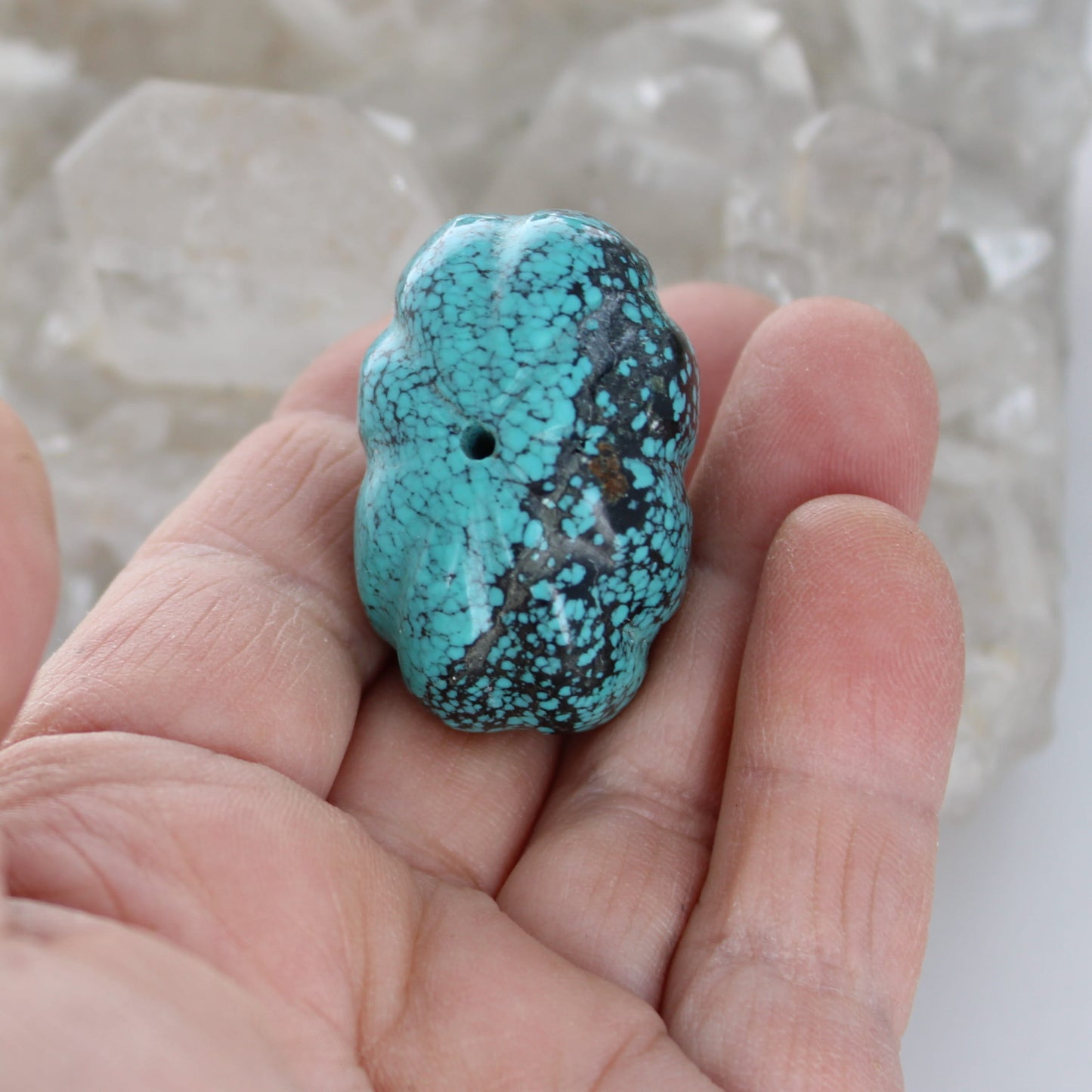 Carved Blue Hubei Turquoise Bead Melon Shaped Centerpiece 35x25mm