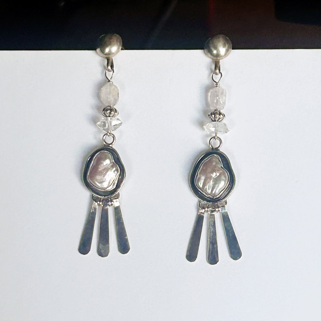 Pearl and Faceted Pink Morganite and Herkimer Diamond Earrings Sterling Dangle Posts