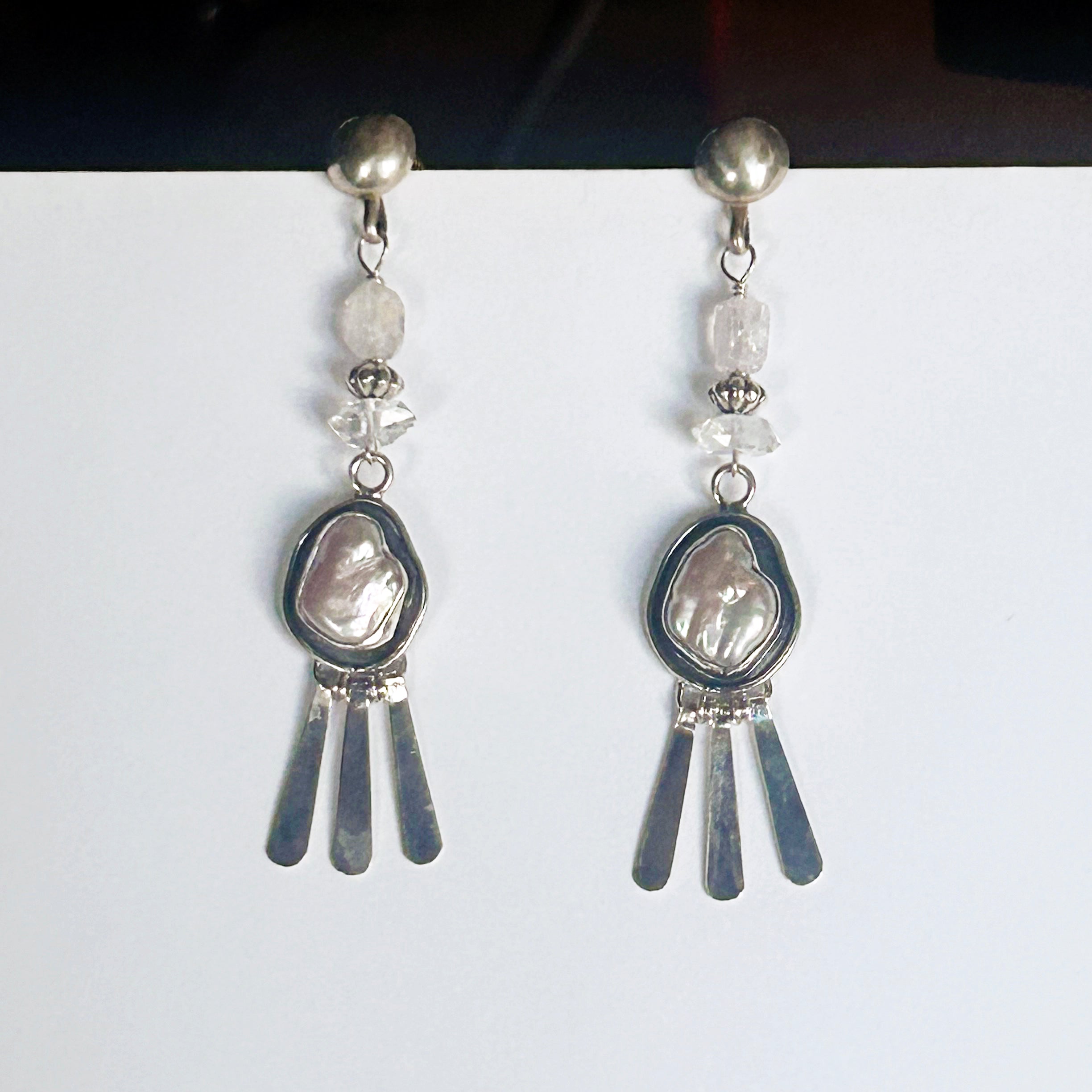 Pearl and Faceted Pink Morganite and Herkimer Diamond Earrings Sterling Dangle Posts
